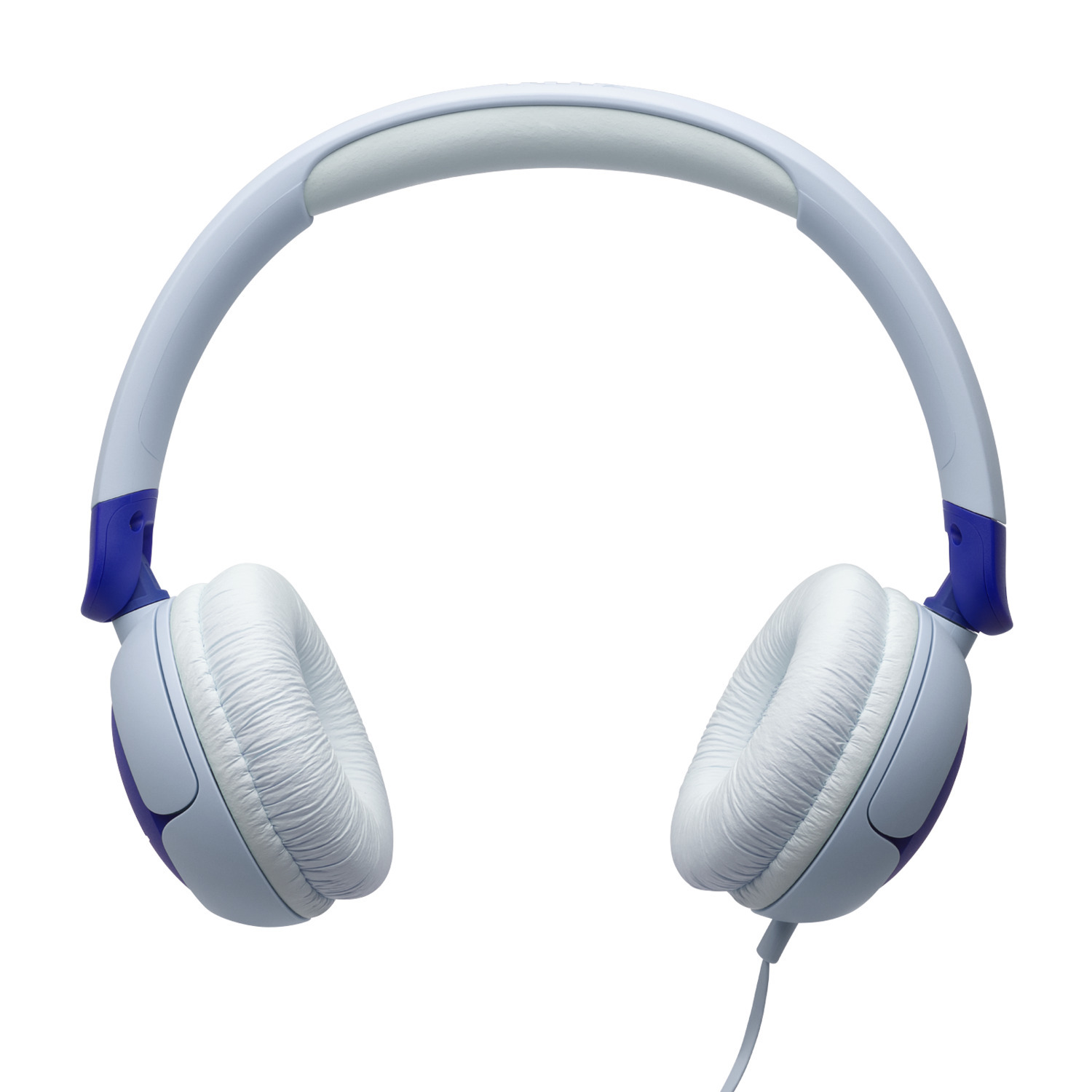 A pair of white headphones with a blue band and accents, isolated on a white background.