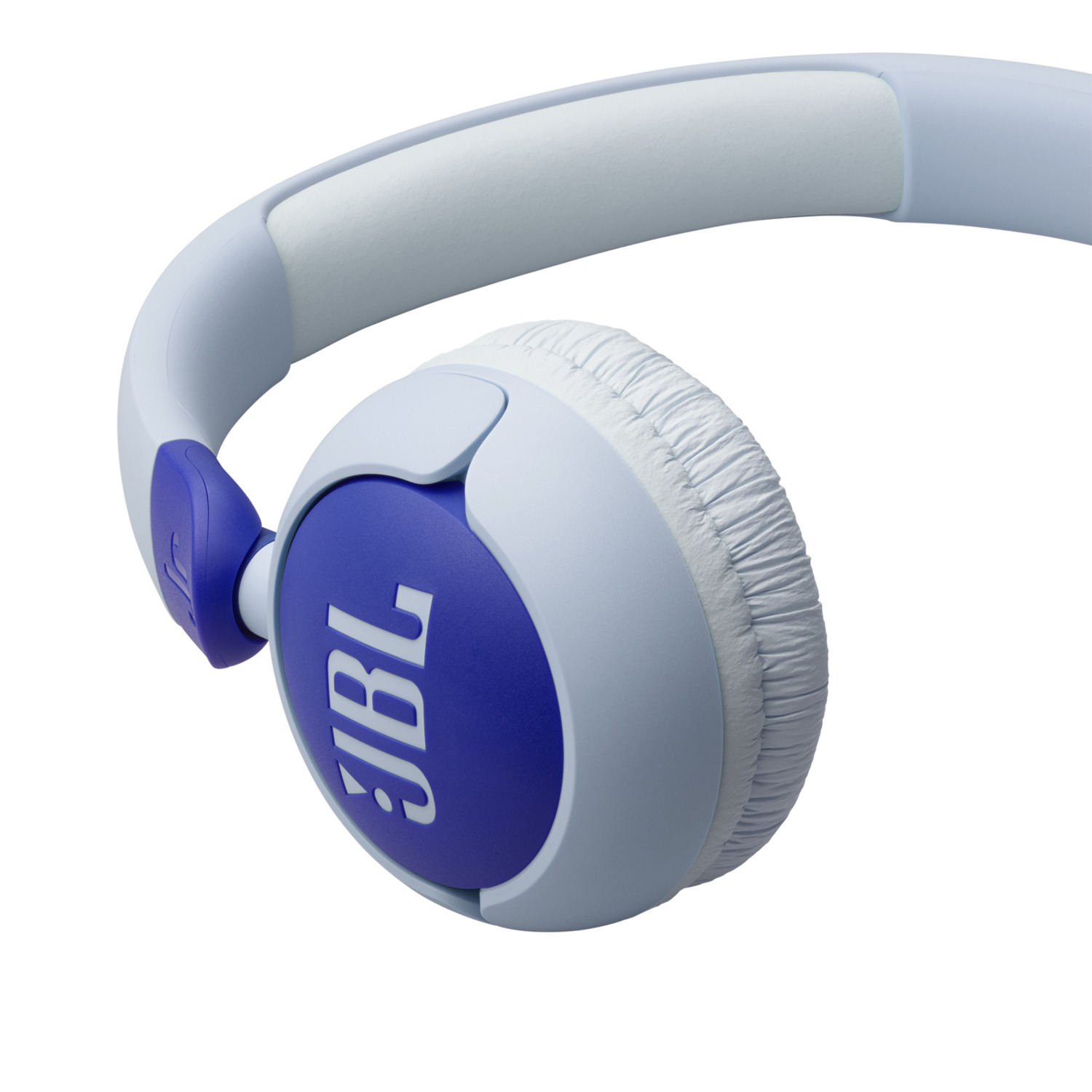 White and blue JBL headphones, showing one earcup with the JBL logo and a headband.