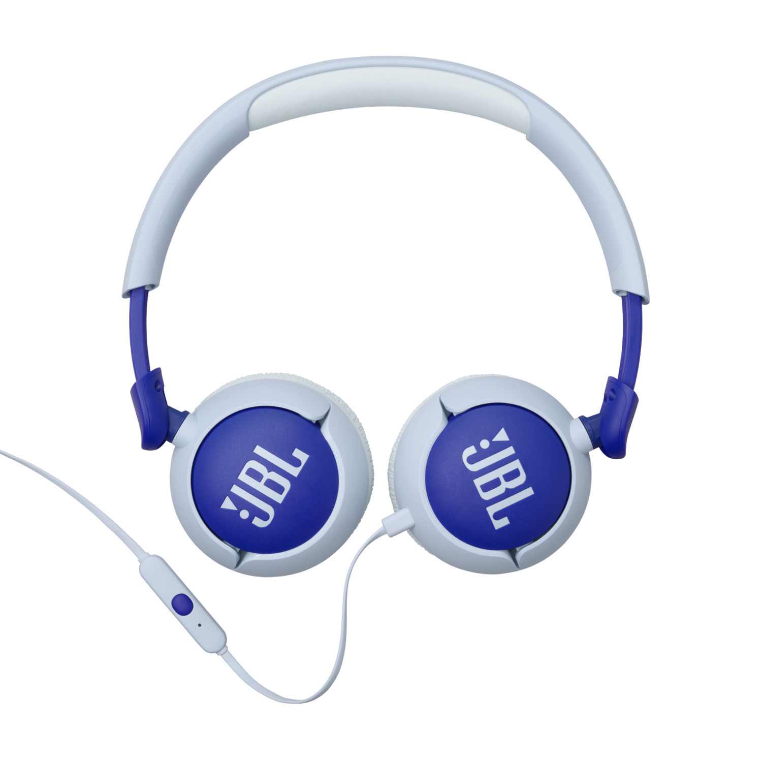 Blue and white JBL headphones. The headphones have blue earcups and a white headband.