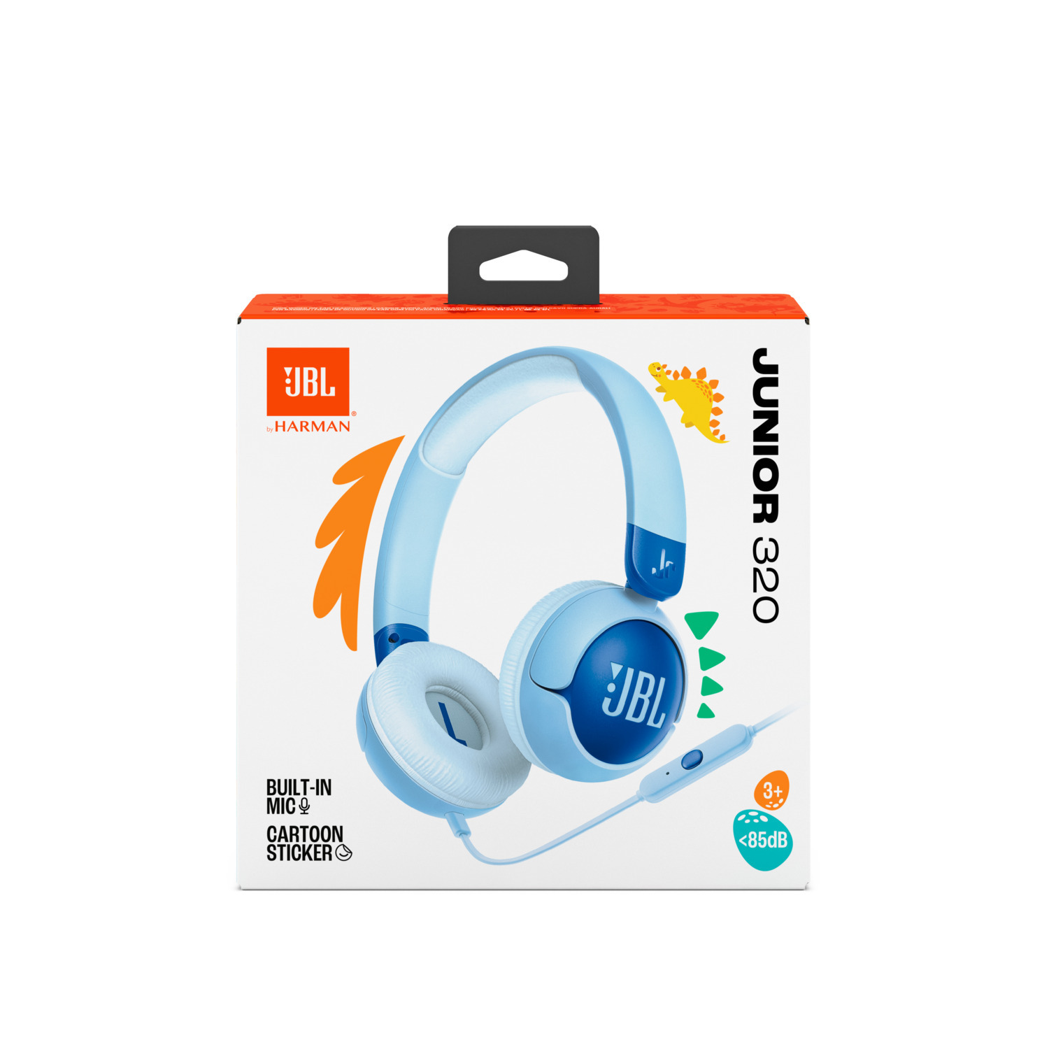 JBL Junior 320 headphones in box. Blue and white design. Cartoon graphics.