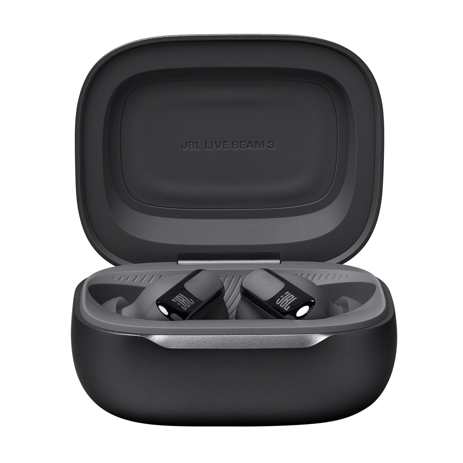 Black JBL earbuds in a black and gray case, open and ready to use. The brand name is visible.