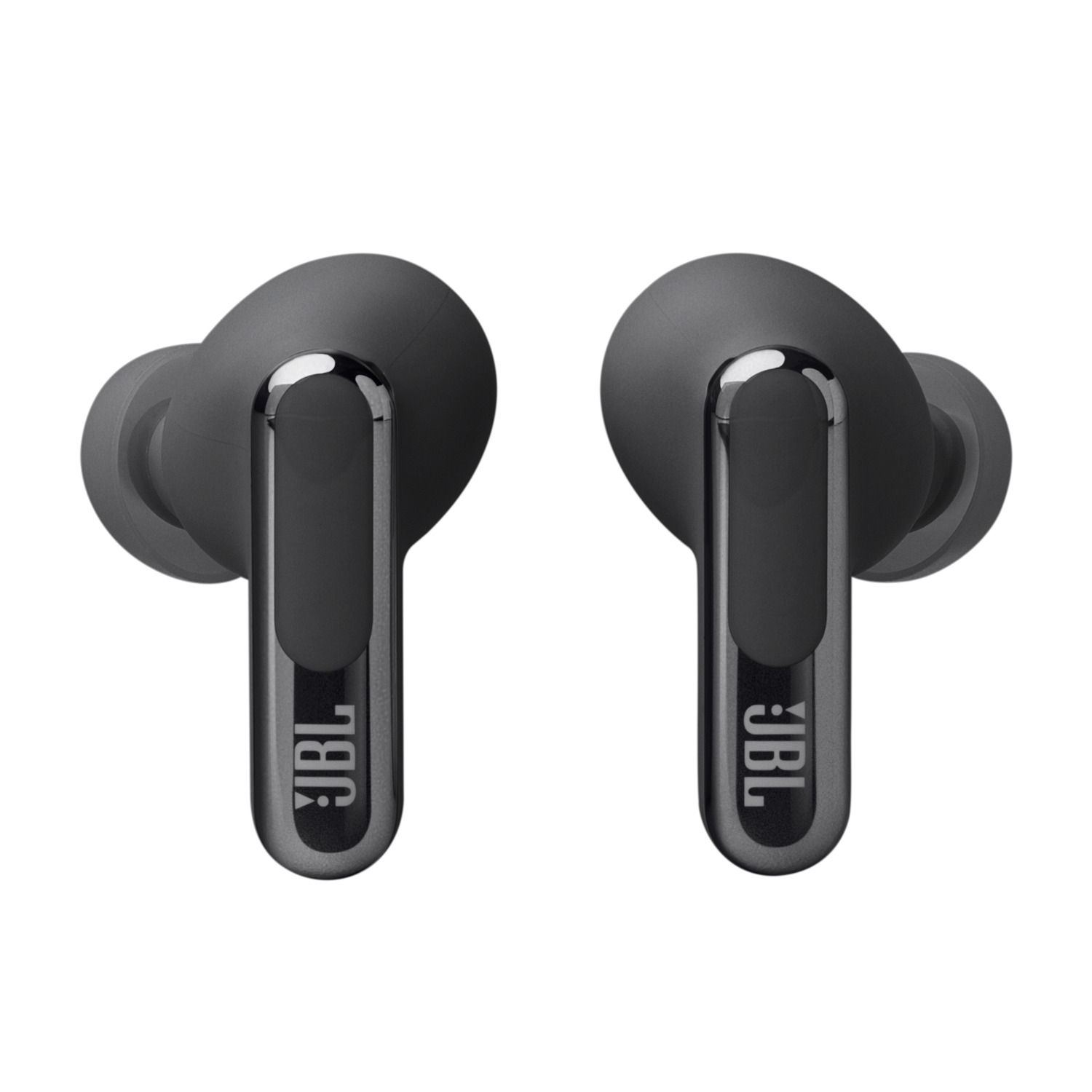 Two black JBL earbuds. The JBL logo is visible.