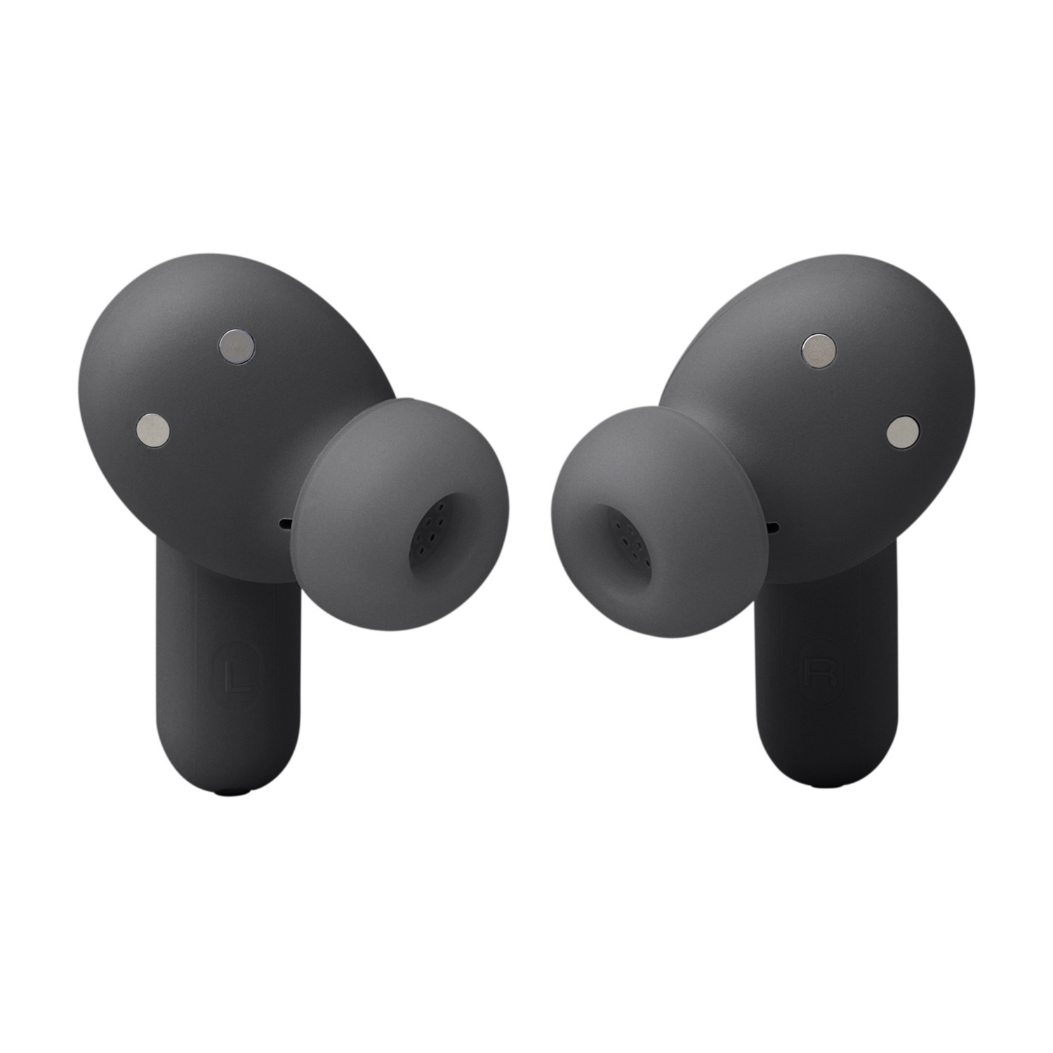 Two black earbuds. Each has a gray ear tip and three silver dots.
