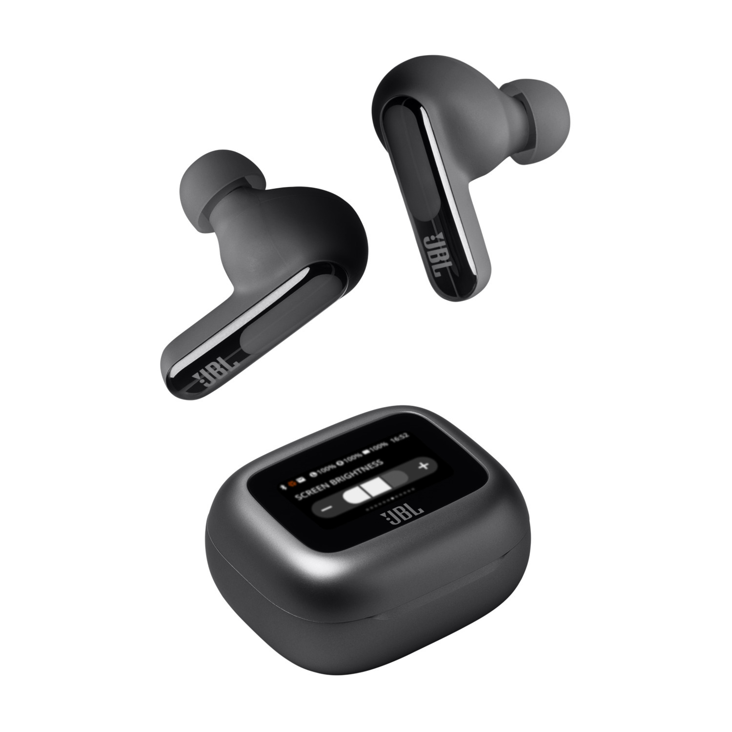 Black JBL earbuds and charging case on a white background. The case shows the screen brightness.
