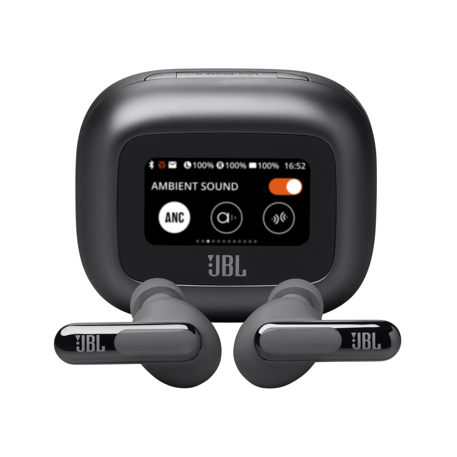 Black charging case with earbuds, screen displaying settings.