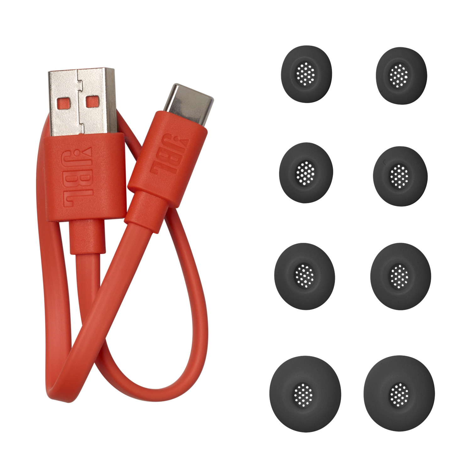 Red USB-C cable with ear tips. Cable has JBL logo, and several black ear tips.