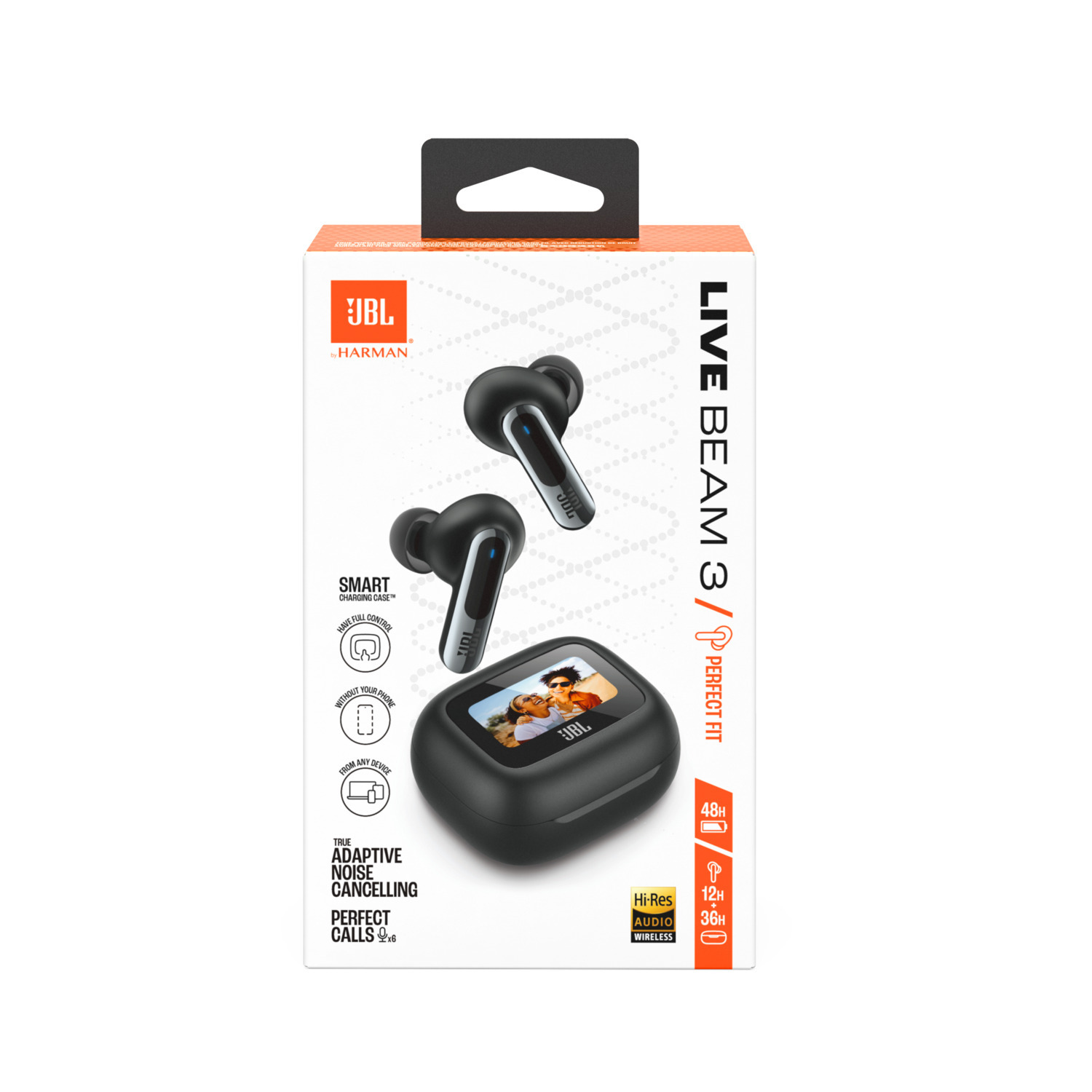 JBL Live Beam 3 earbuds in a charging case, with product details.