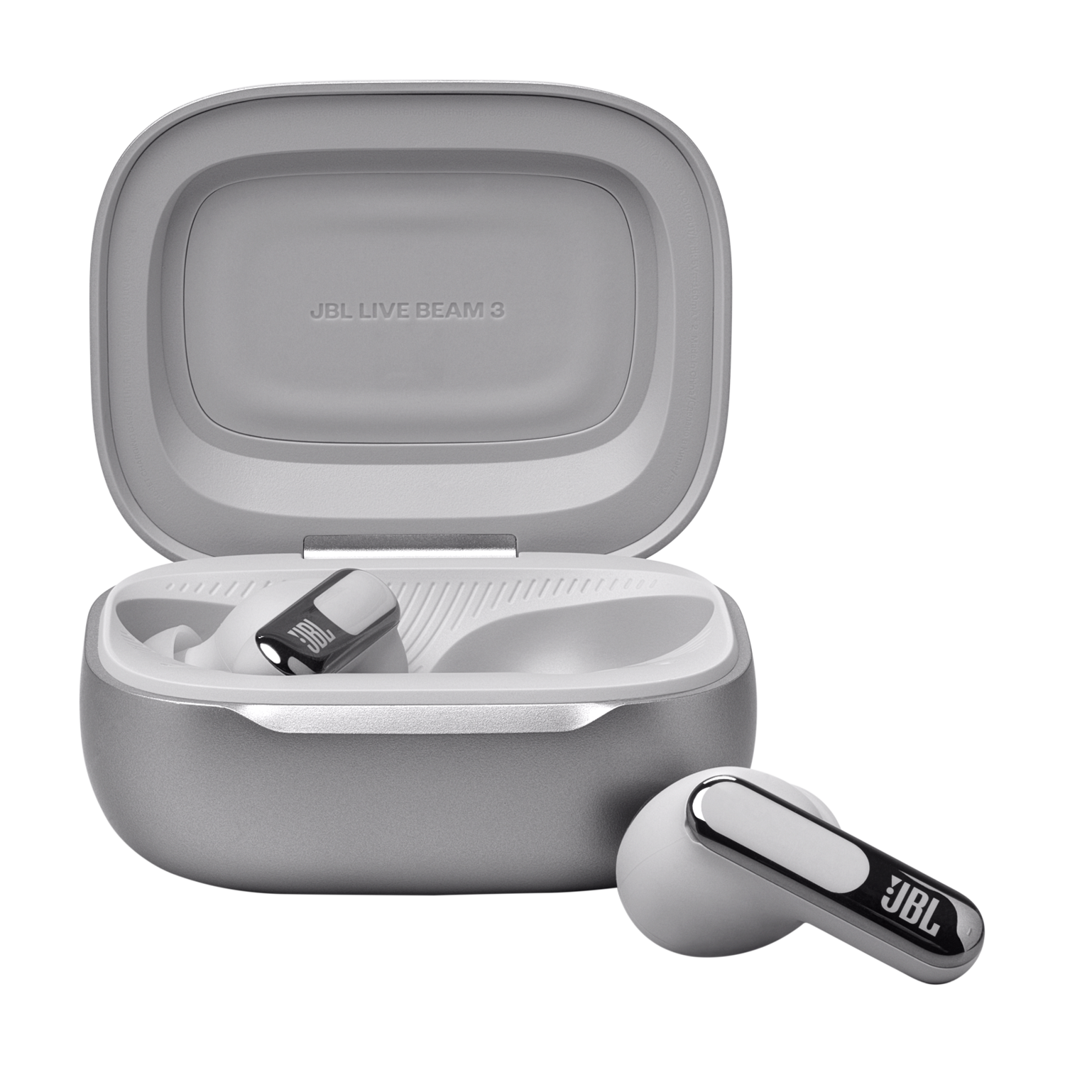 Grijze JBL oordopjes in een grijze oplaadcase, met een witte oordop ernaast.