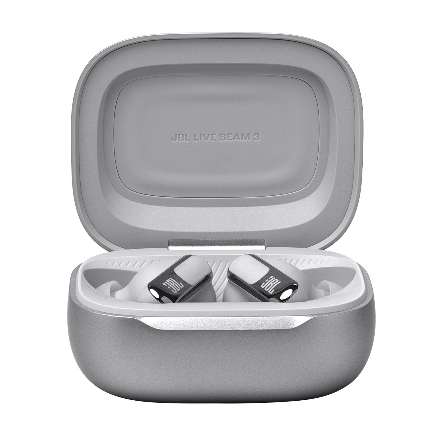 Grijze oplaadcase met JBL Live Beam 3 oordopjes erin, open.