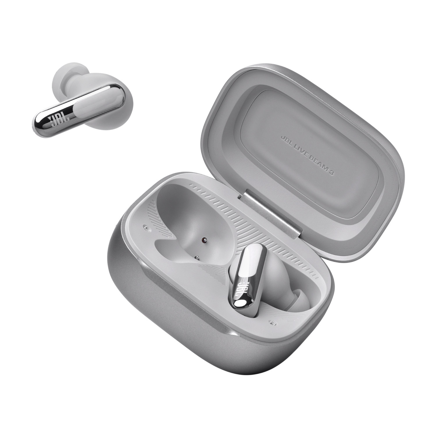 Zilveren JBL oordopjes met oplaadcase.