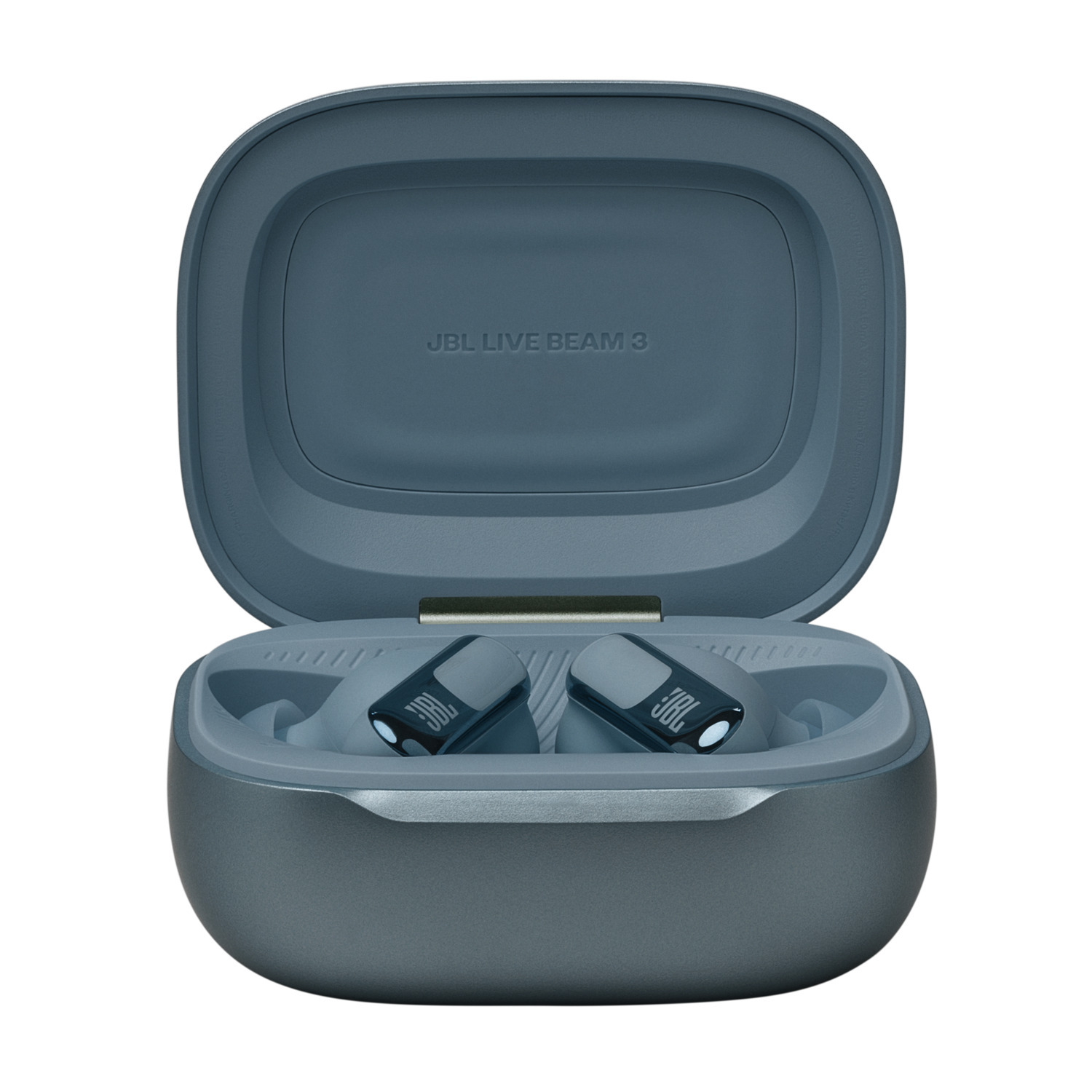 JBL Live Beam 3 earbuds in a charging case, open, in a teal color.