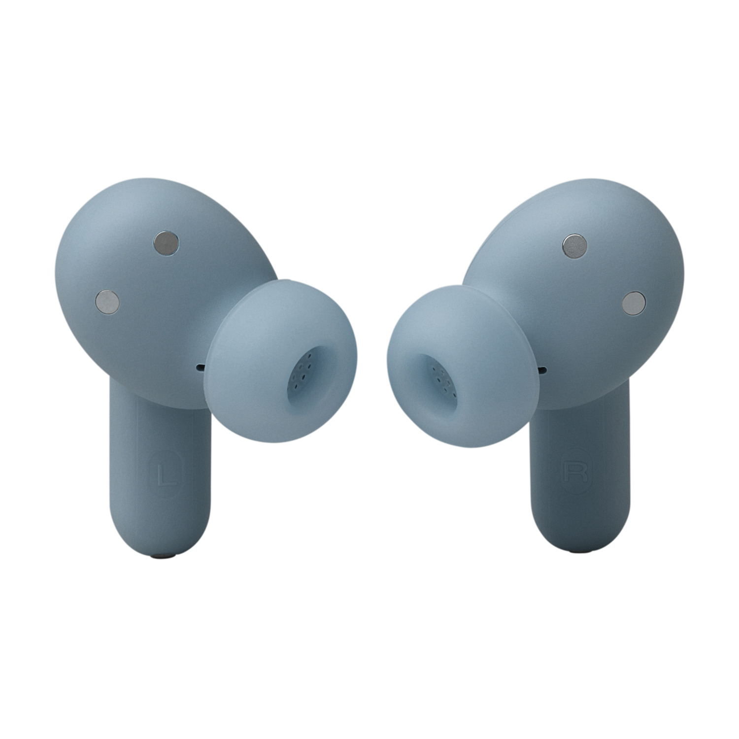 Two blue earbuds, angled view. The left earbud is marked with an L.