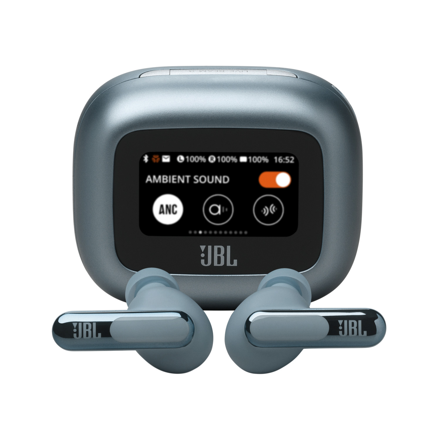 JBL earbud charging case and earbuds. The case has a screen showing battery and sound settings.