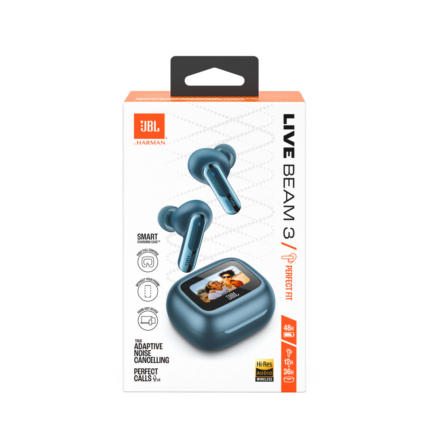 JBL headphones packaging with blue headphones and charging case.