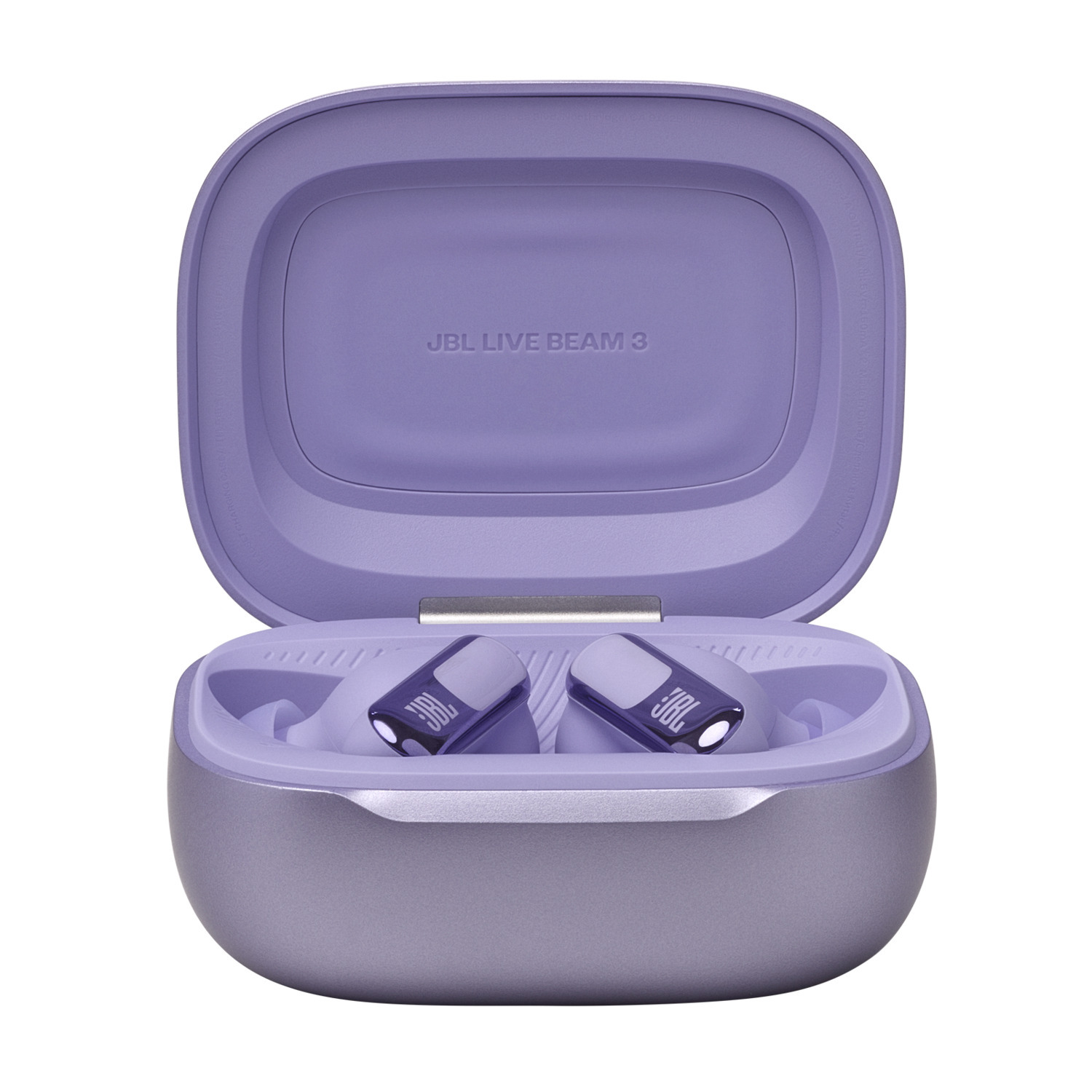 Purple JBL earbuds in a case, open, on a white background.