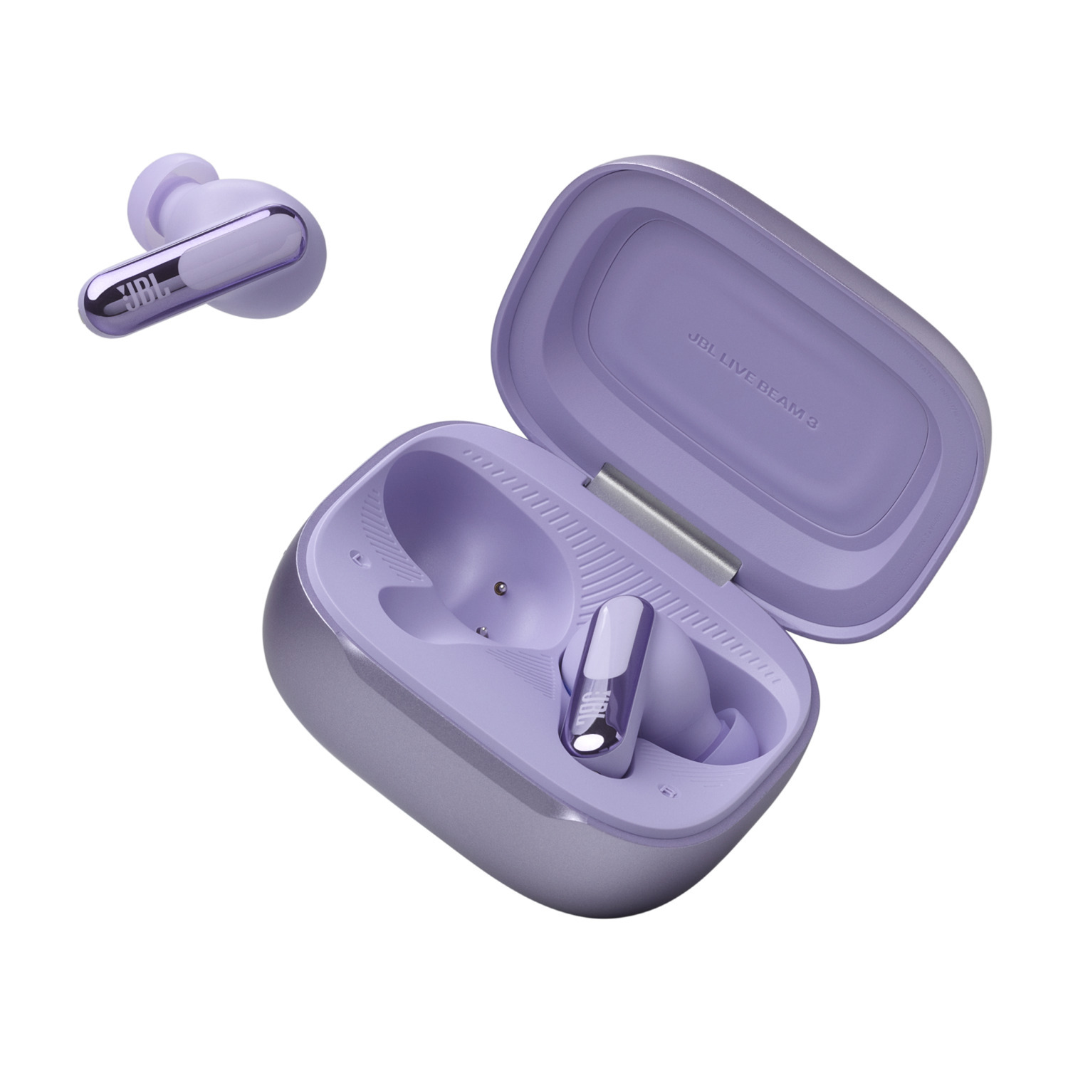 Purple JBL earbuds and charging case. The case is open, showing the earbuds inside.