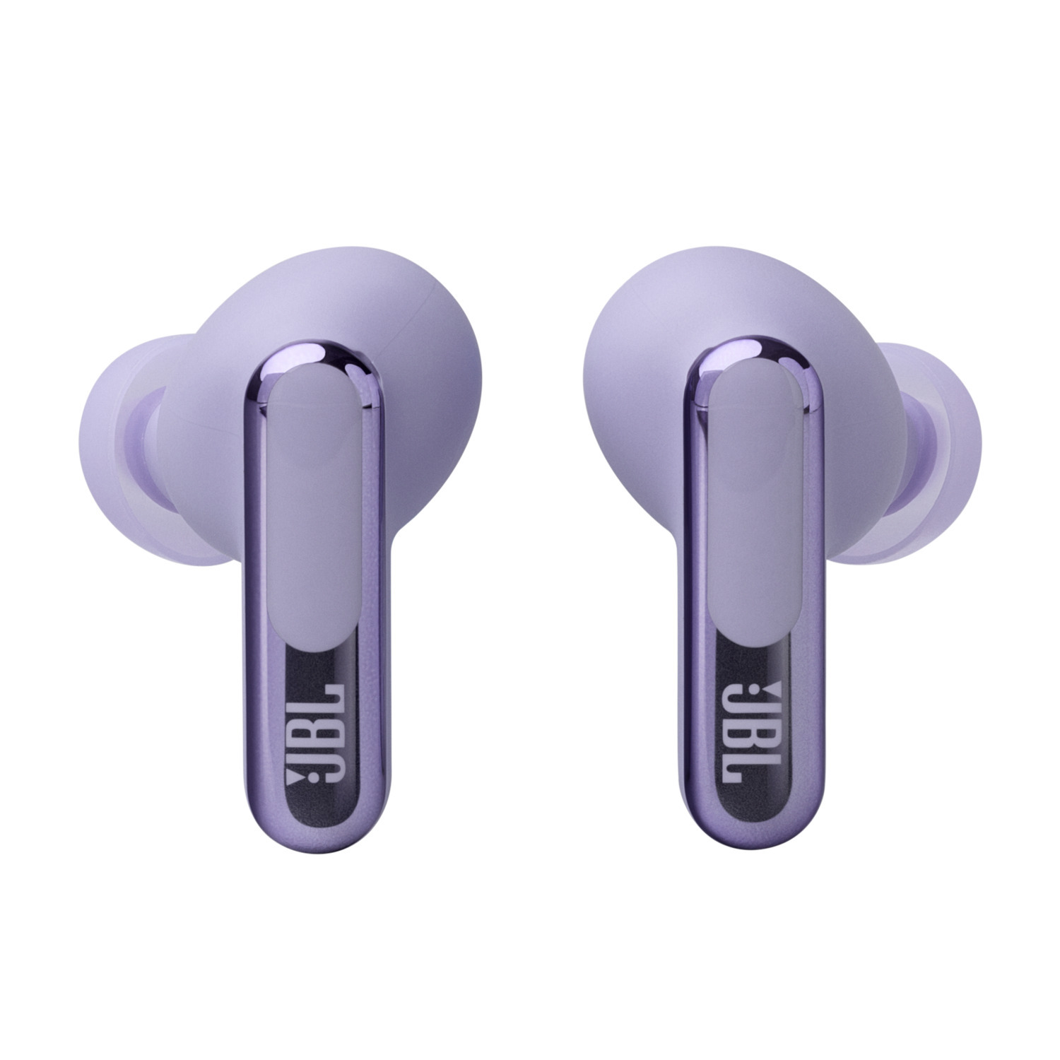 Pair of purple JBL earbuds. They have a silver accent and the JBL logo. White background.