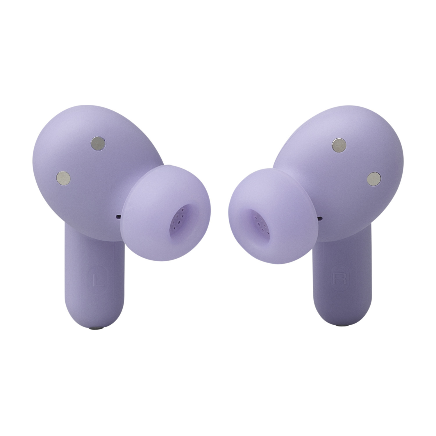Two purple earbuds on a white background. The left earbud has an 'L', the right has an 'R'.