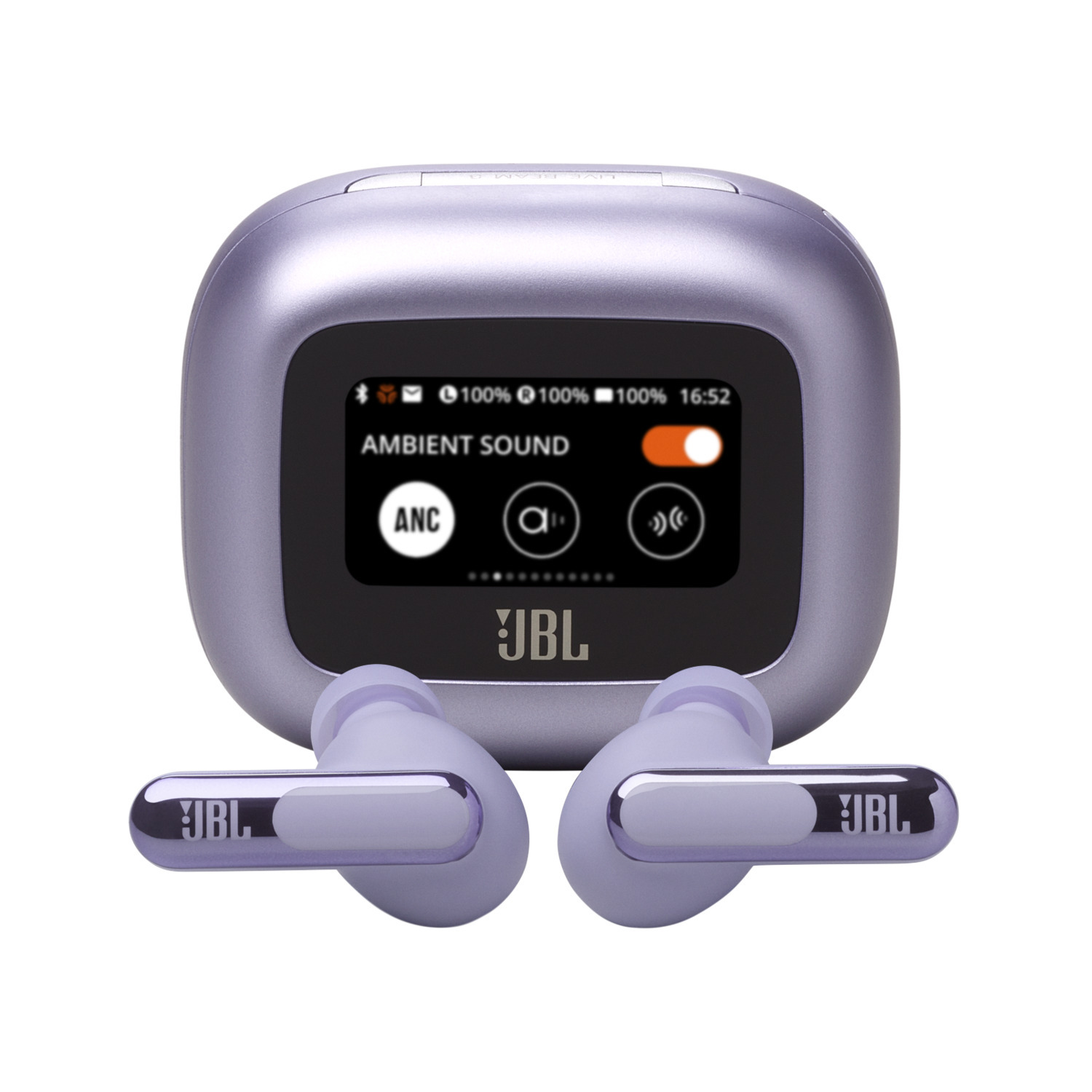 Purple JBL earbuds and charging case. White background. Touchscreen interface.