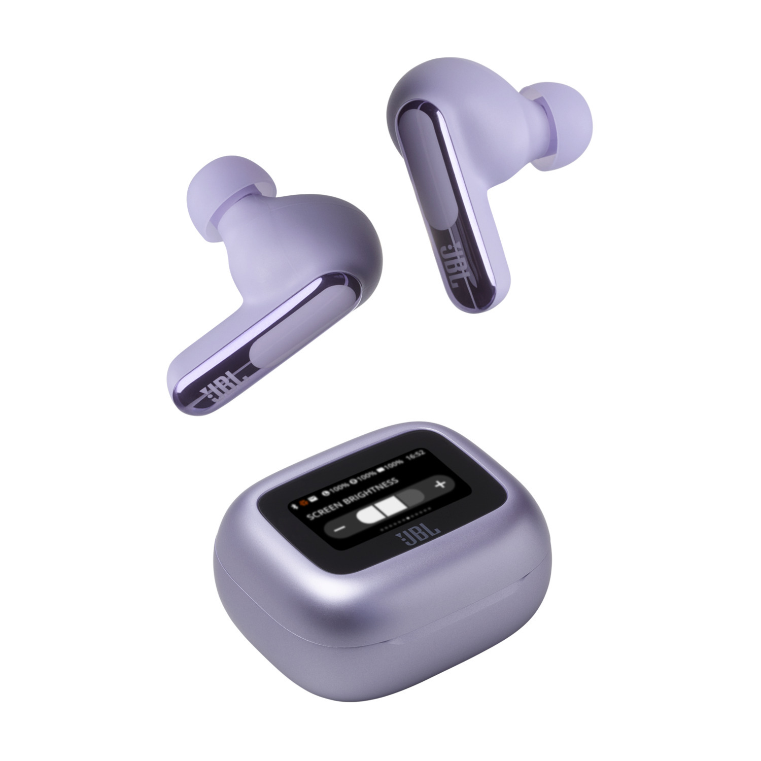 Lilac wireless earbuds and charging case. Case shows screen brightness adjustment.