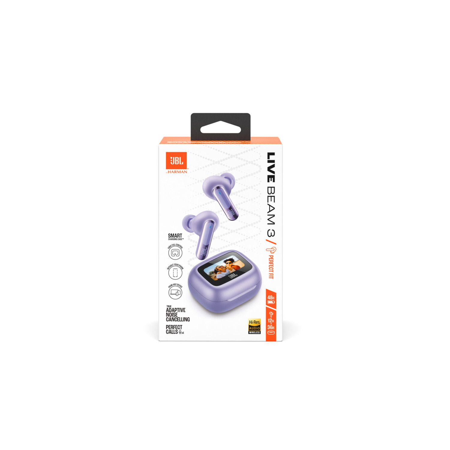 Earbuds in a box. Box is white, purple, and orange.
