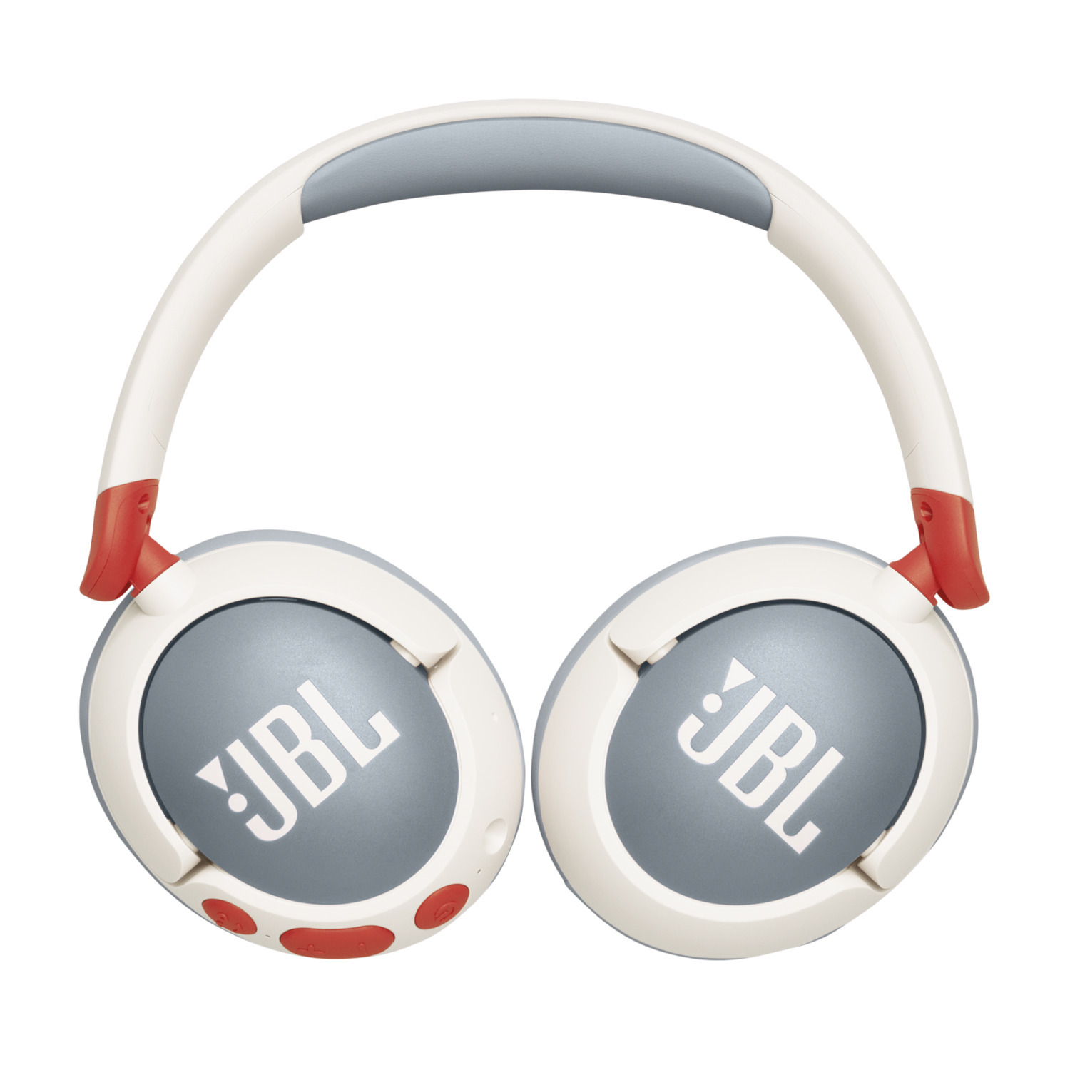 White and gray JBL headphones with red accents, seen from above.