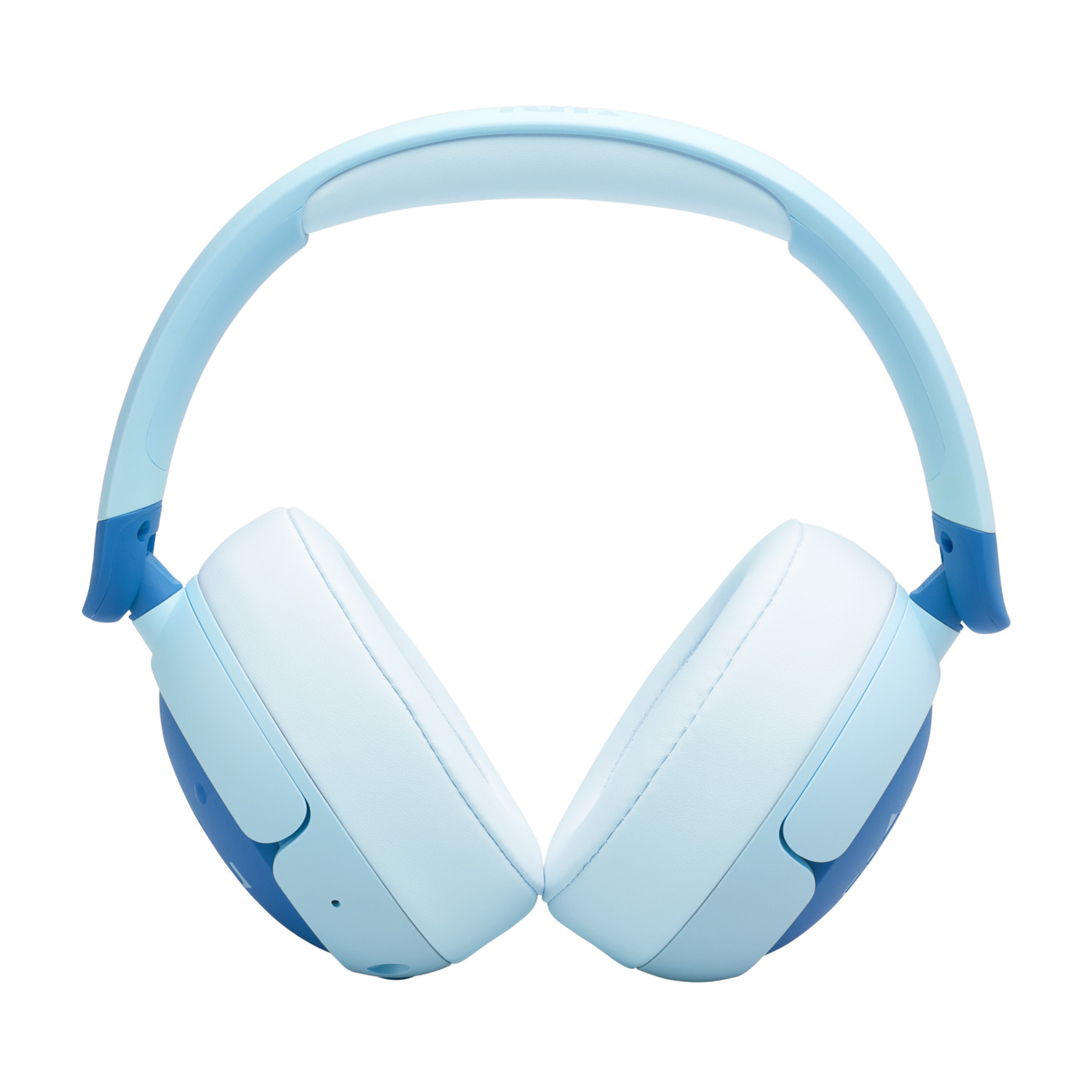 Paire d'écouteurs bleu clair avec des accents bleus. Les écouteurs sont orientés vers l'extérieur.