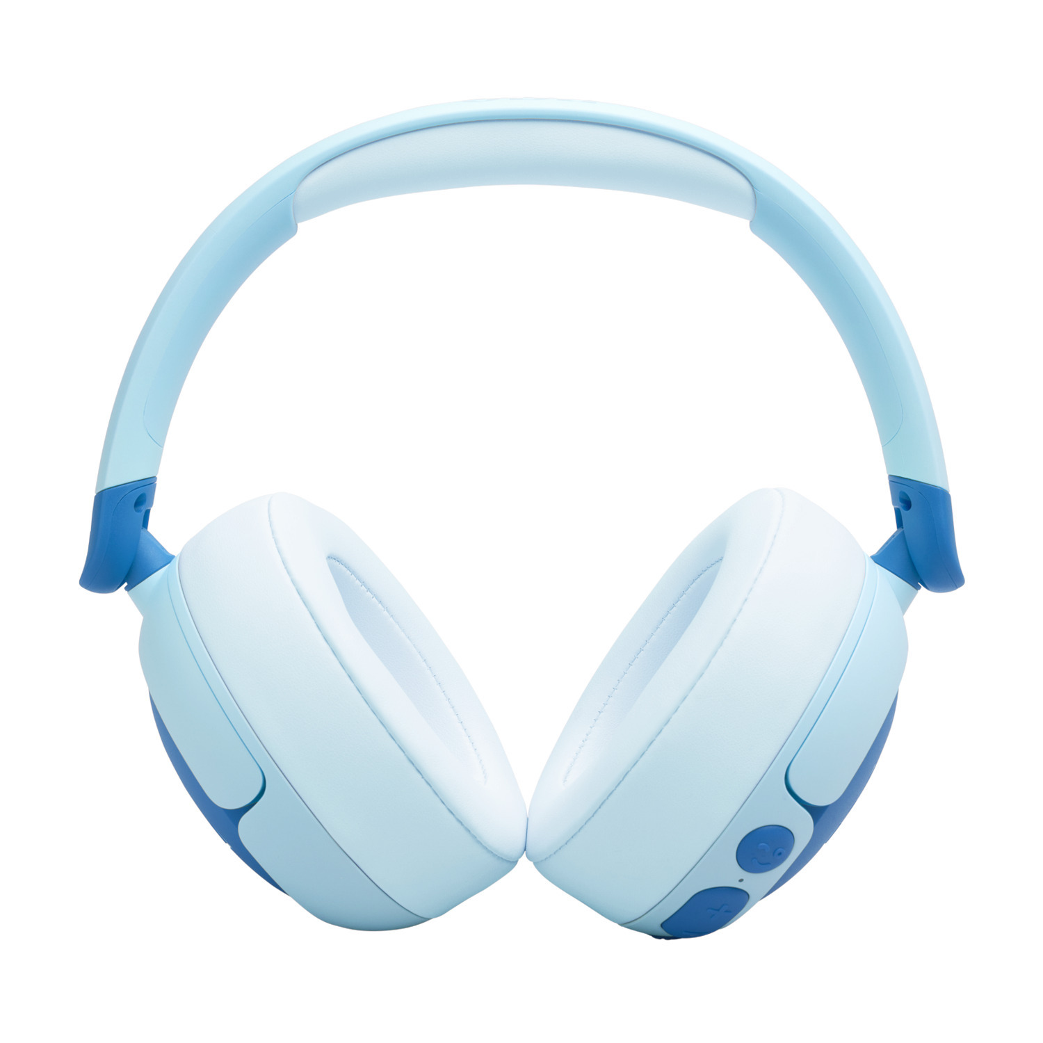 Casque, bleu et blanc avec boutons de commande.