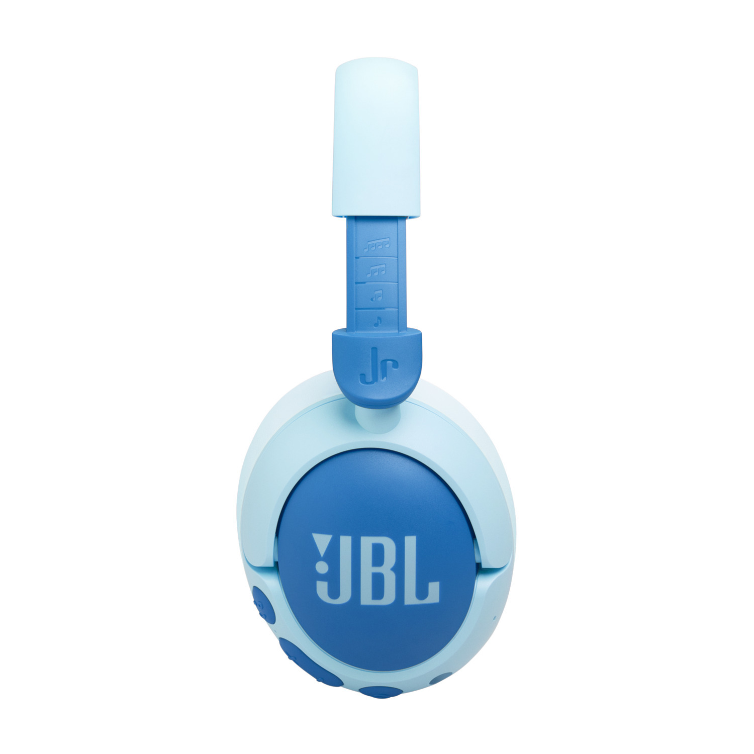 Casque JBL bleu, vue de face. Les oreillettes sont bleues avec le logo JBL.