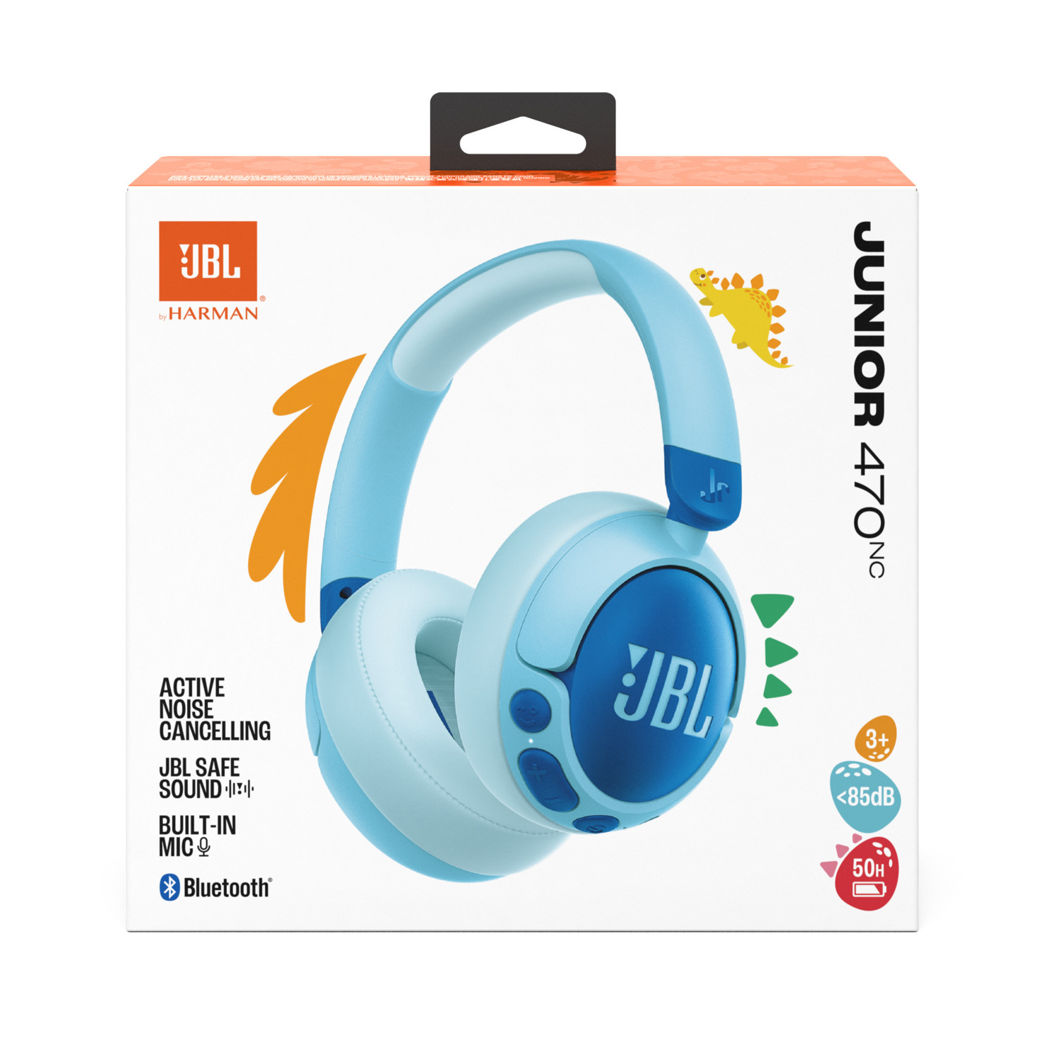 Casque JBL Junior 470NC bleu et blanc sur une boîte avec du texte et des graphiques de dessins animés.