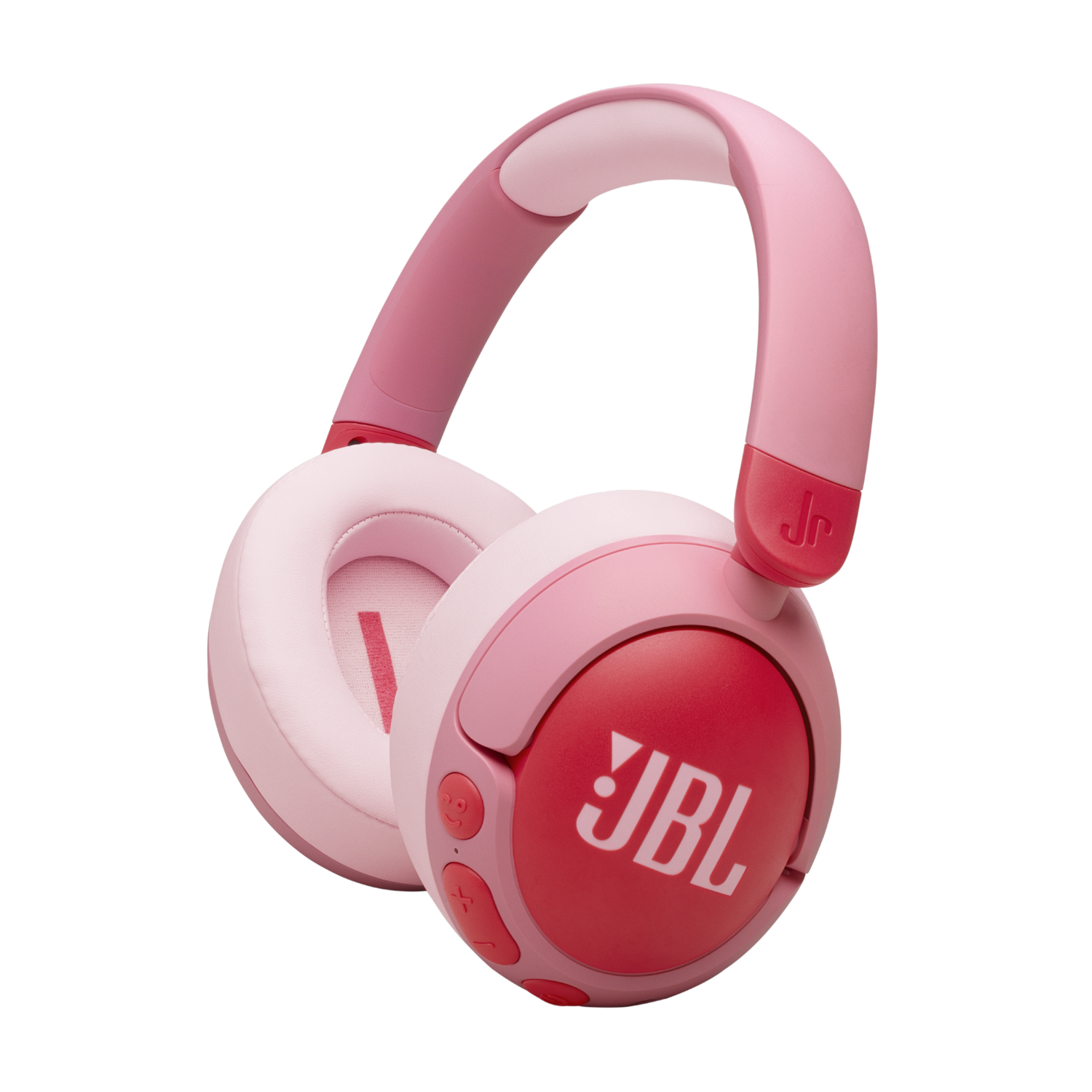 JBL Jr koptelefoon, roze en rode kleurstelling. De koptelefoon staat op een zwarte achtergrond.