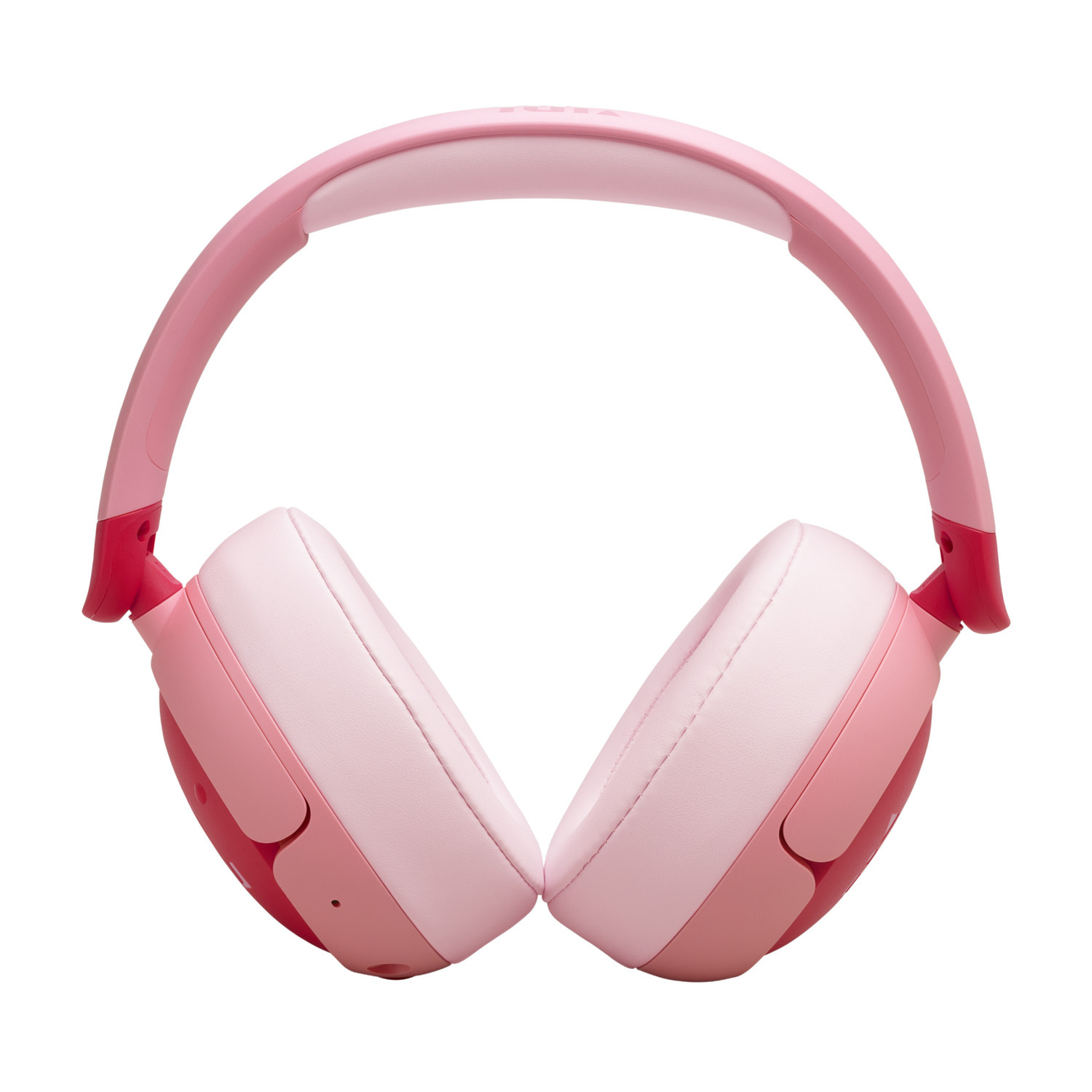 Roze koptelefoon, met een witte binnenband, tegen een witte achtergrond.