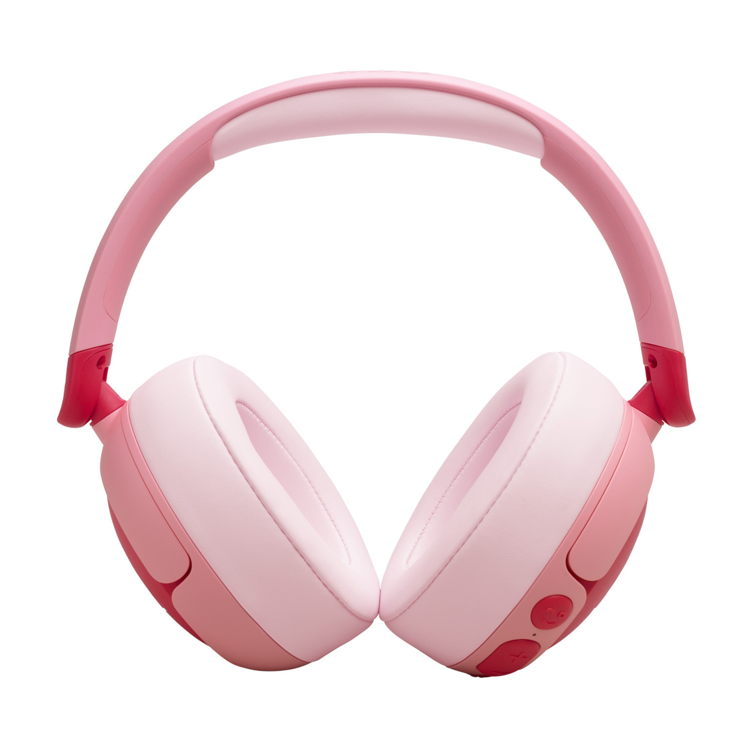Roze JBL-koptelefoon. De koptelefoon heeft roze oorschelpen en een roze hoofdband. Rode bedieningsknoppen.