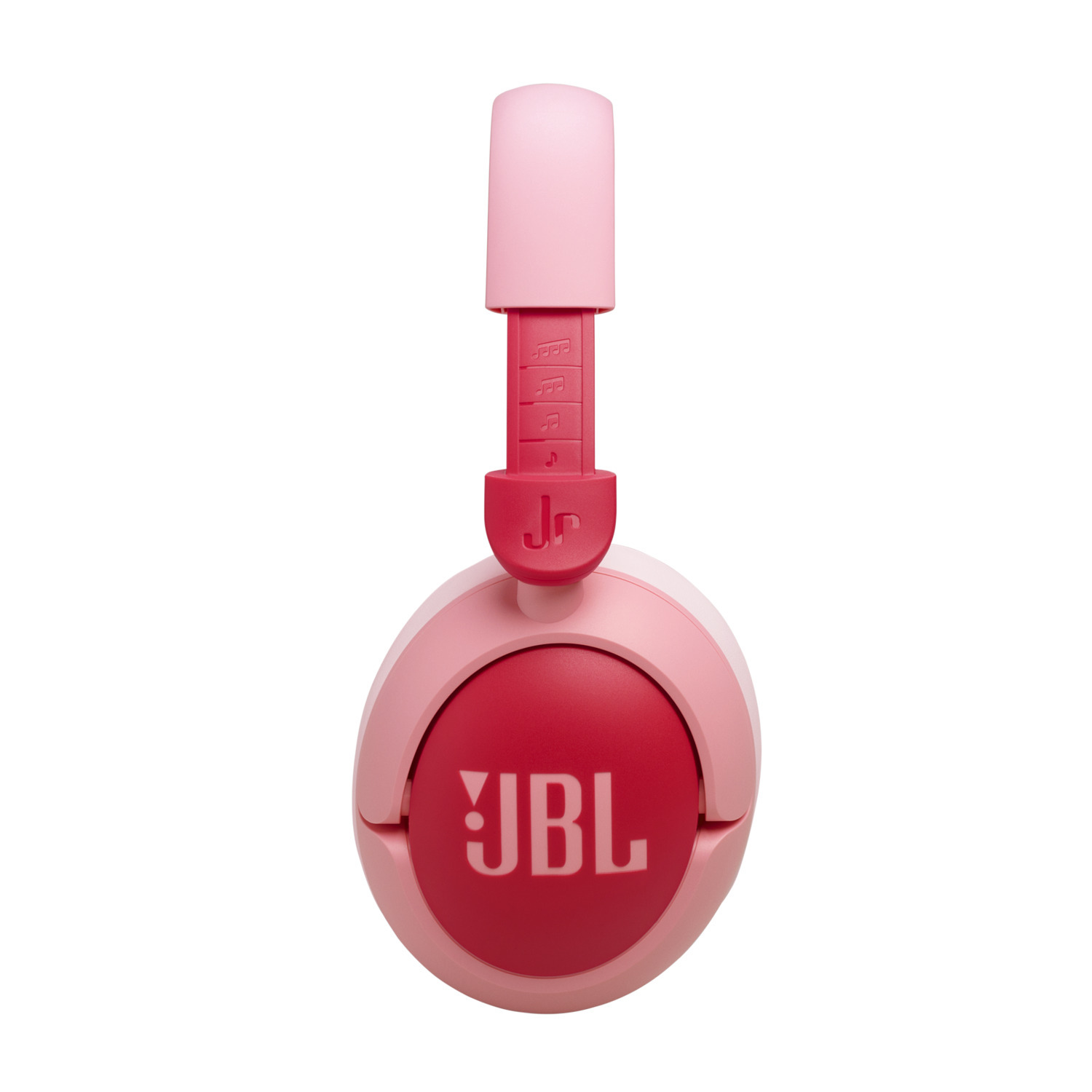 Roze en rode JBL-hoofdtelefoon met het JBL-logo. De hoofdband is roze.