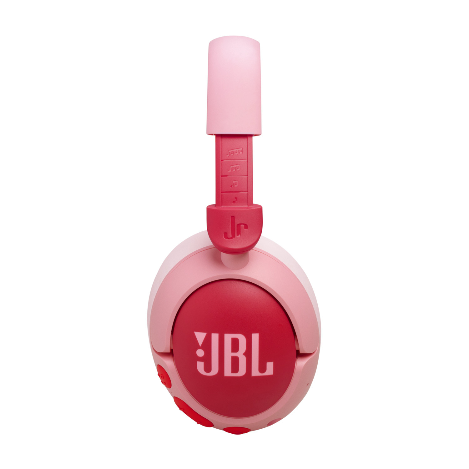 Roze JBL-koptelefoon met rode midden en wit JBL-logo.