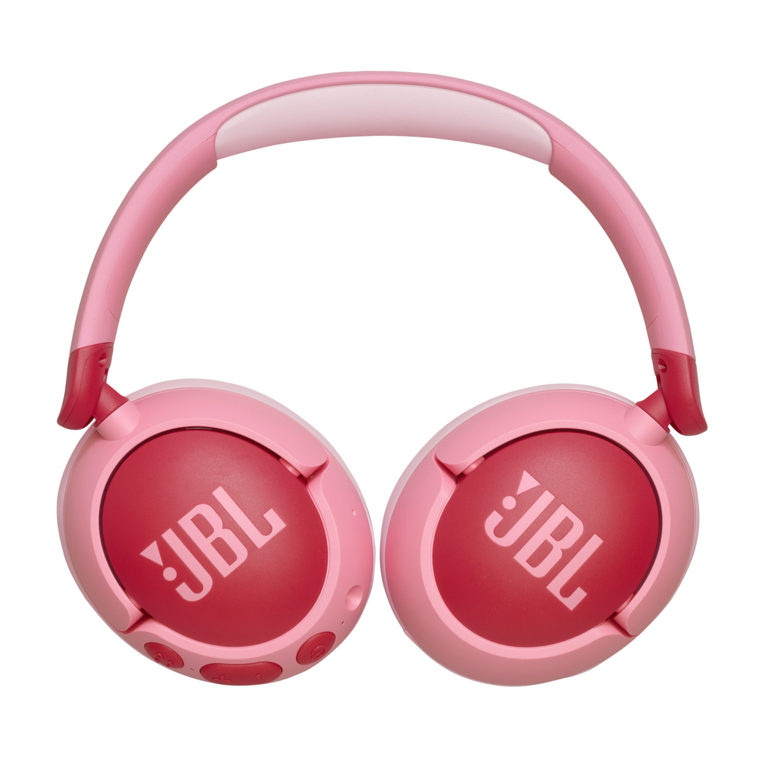 Roze JBL koptelefoon. De oorschelpen zijn rood met witte JBL logo's. De hoofdband is roze.