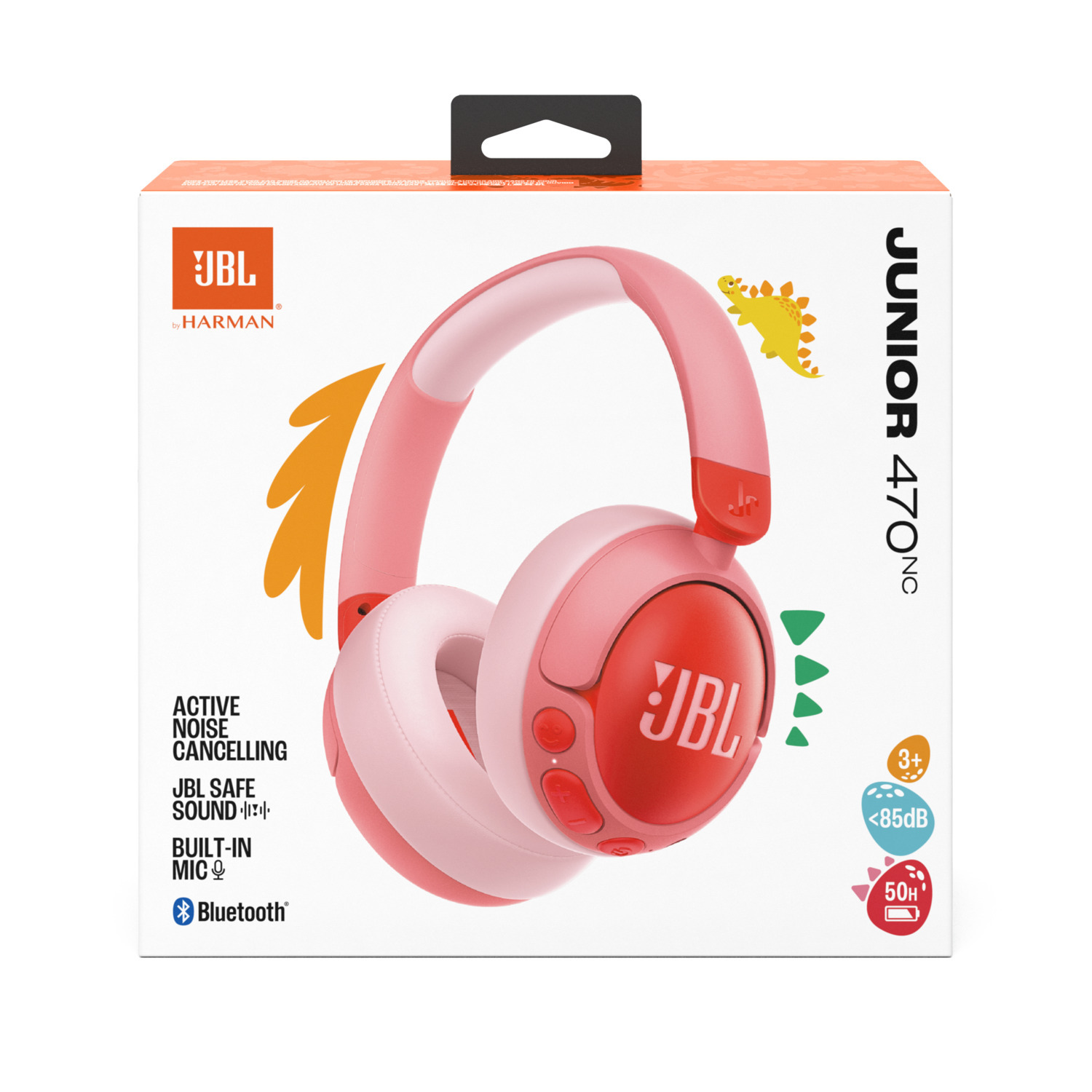 Een roze en witte JBL Junior 470NC koptelefoonbox met een dinosaurusillustratie.