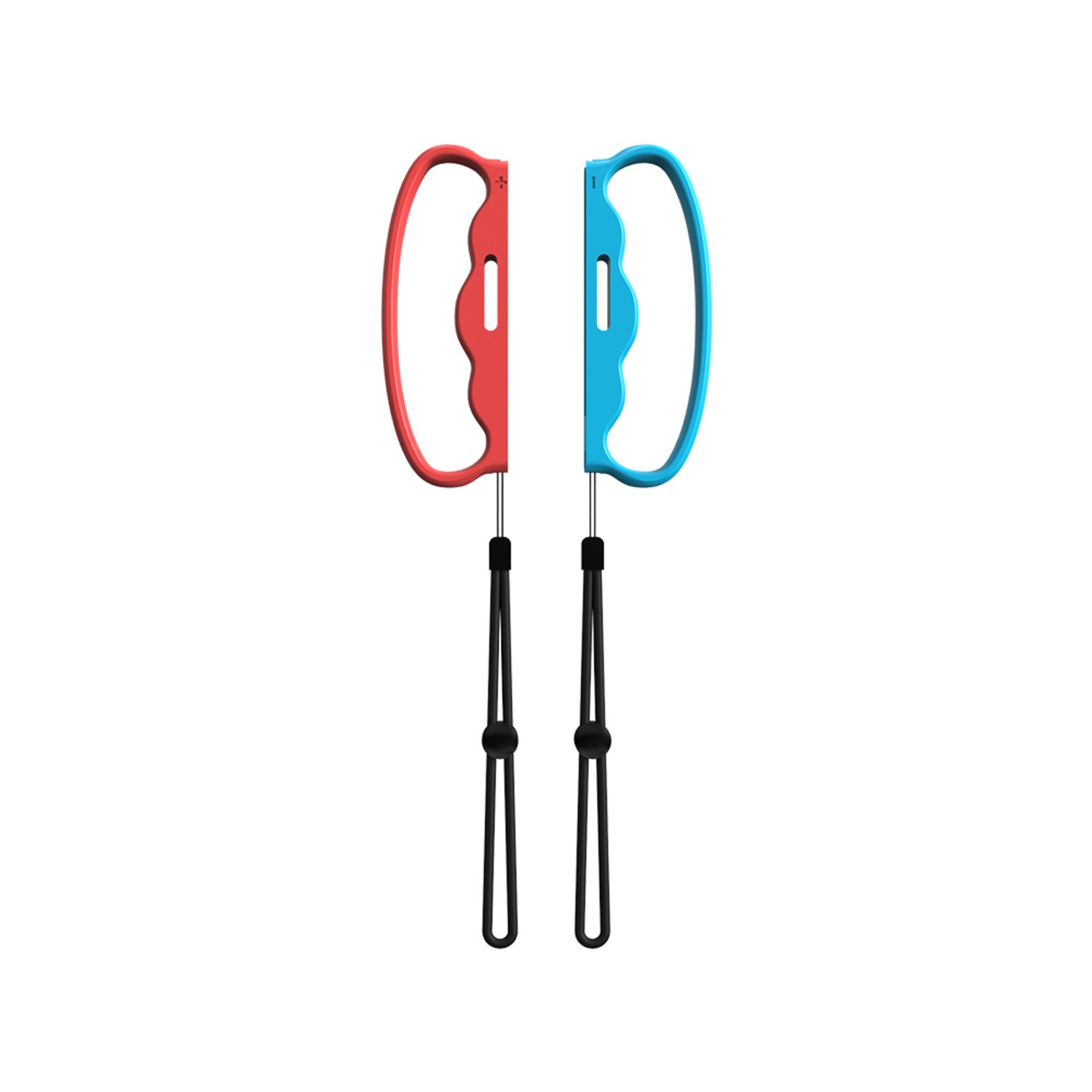 Red and blue Switch controller attachments. Black wrist straps are attached to the bottom.