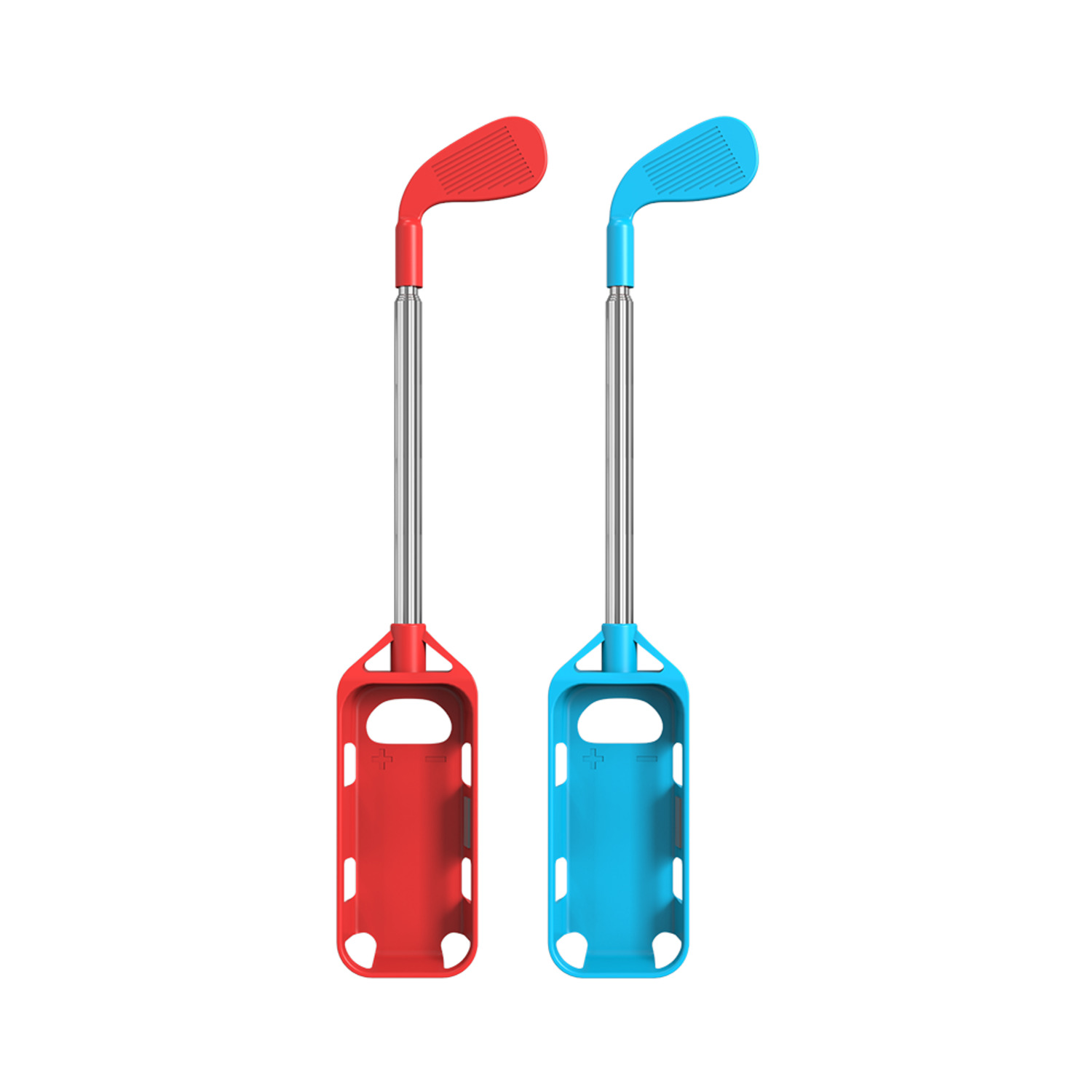 Two golf club controllers, red and blue, for a gaming console, on a white background.
