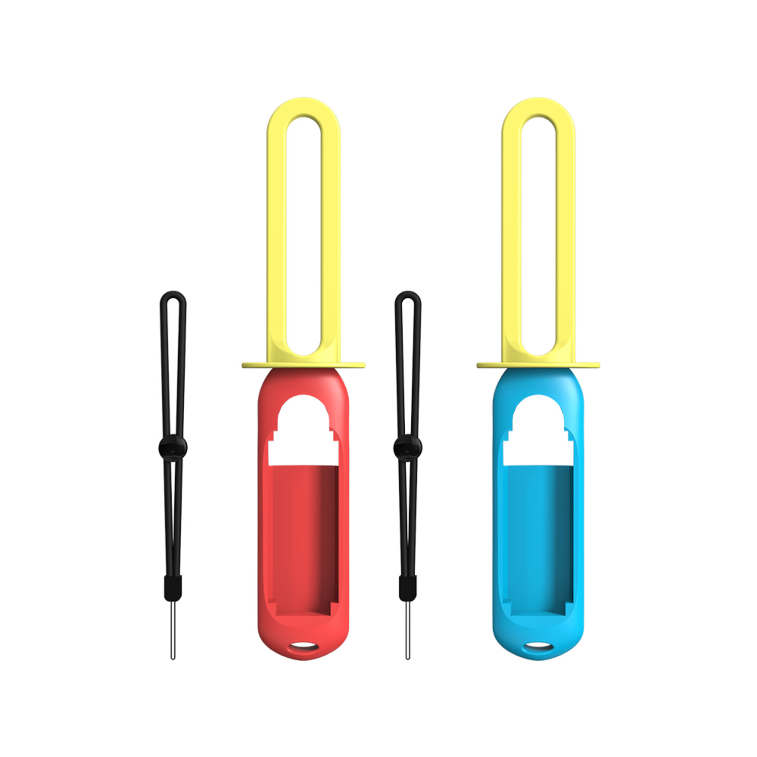 Two pairs of controller grips, red and blue, with yellow tops.