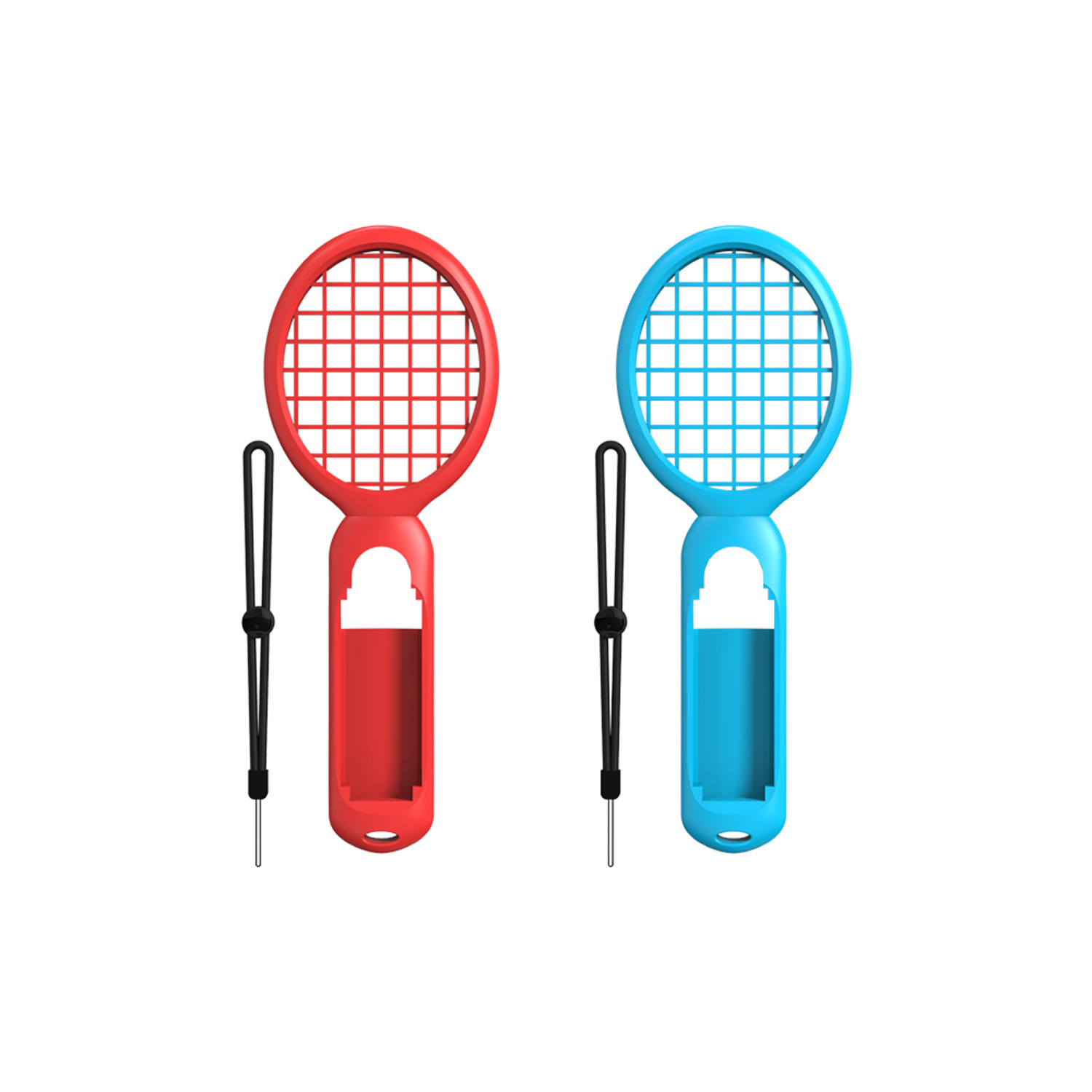 Two red and blue badminton racquets with black wrist straps, on a white background.