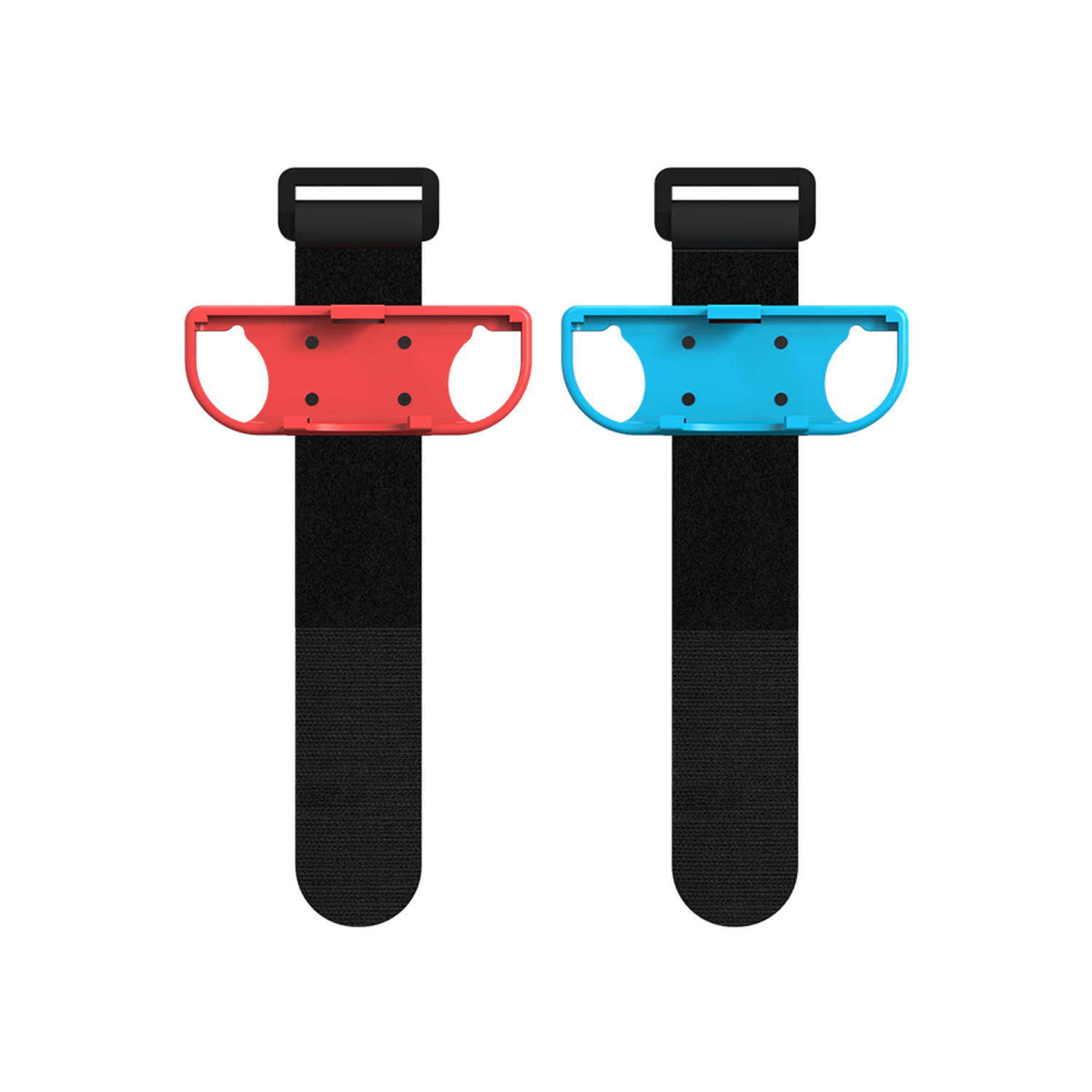 Red and blue controller straps for a game console, with black adjustable straps.