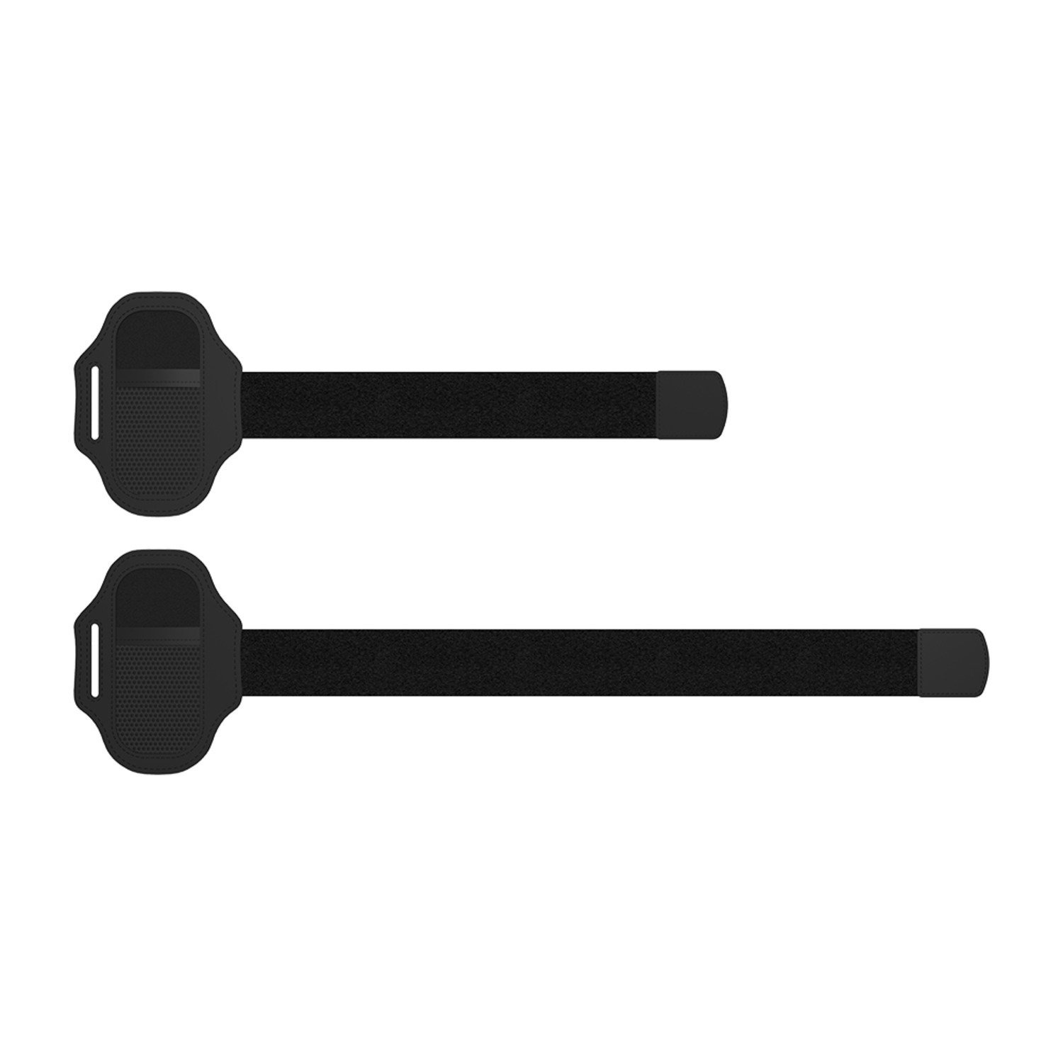 Two black armbands with a small pocket for a device. They have velcro straps.