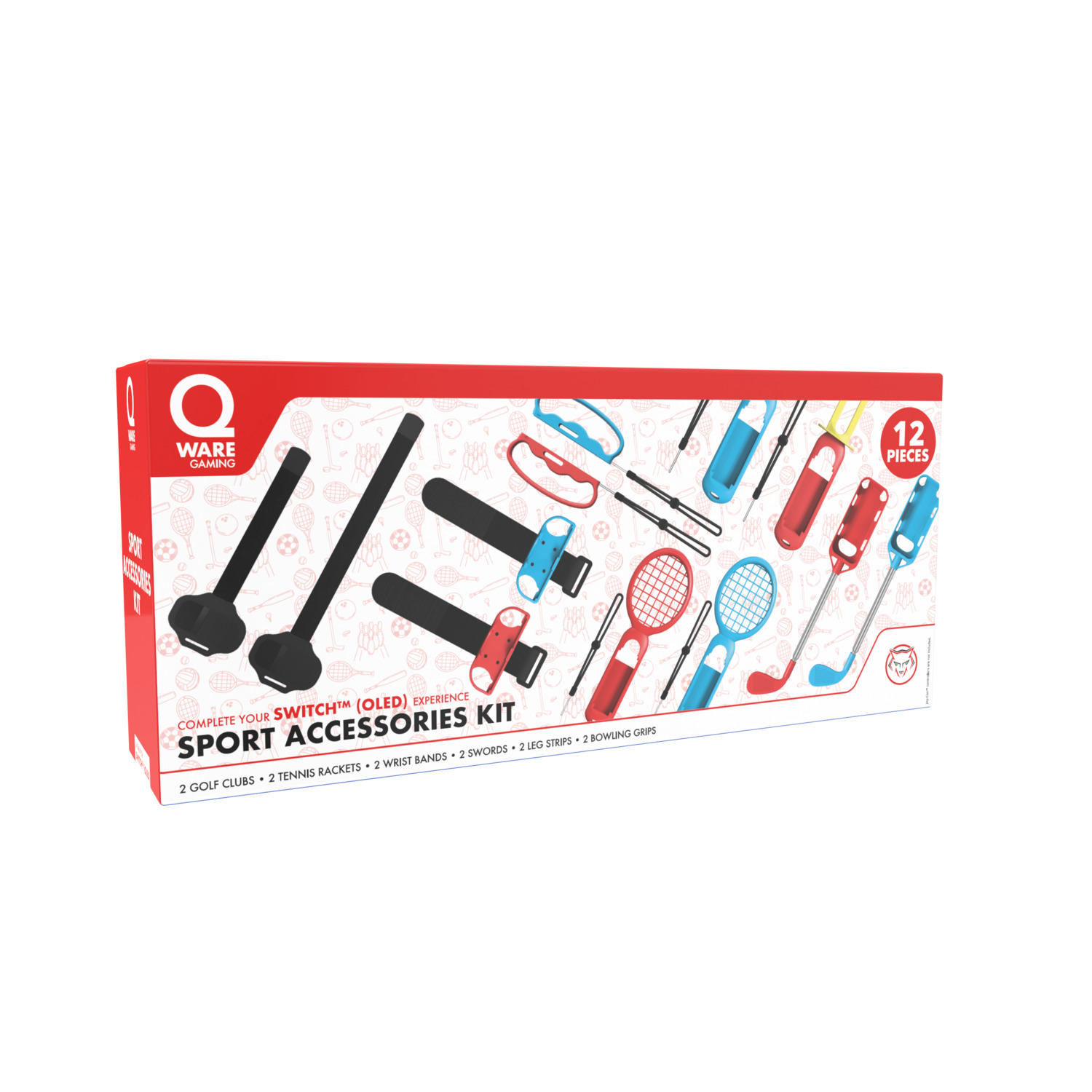 A box of sport accessories. Contains golf clubs, tennis rackets, wrist bands, and more.