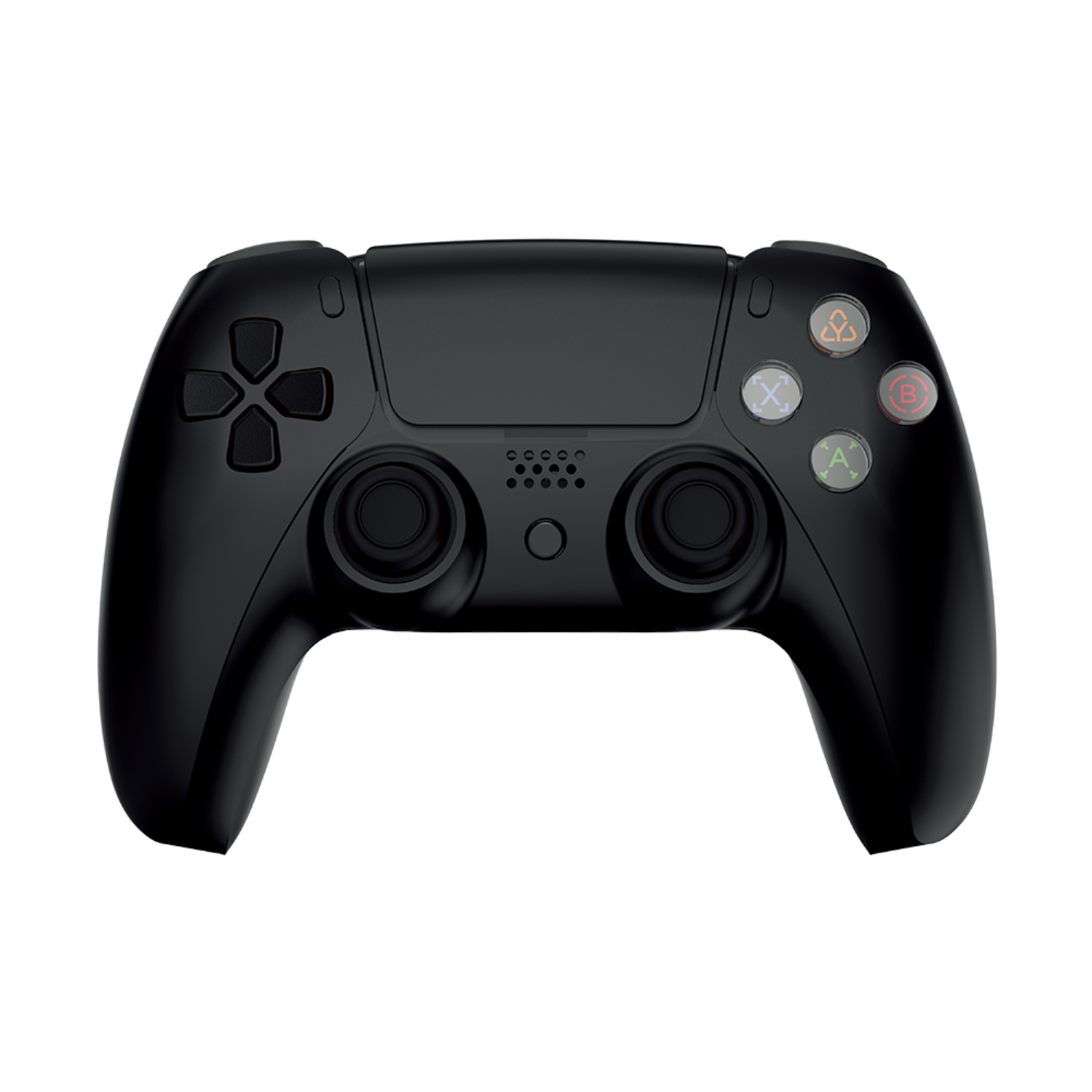 Een zwarte game controller met knoppen. Het heeft een D-pad, twee joysticks en gekleurde knoppen.