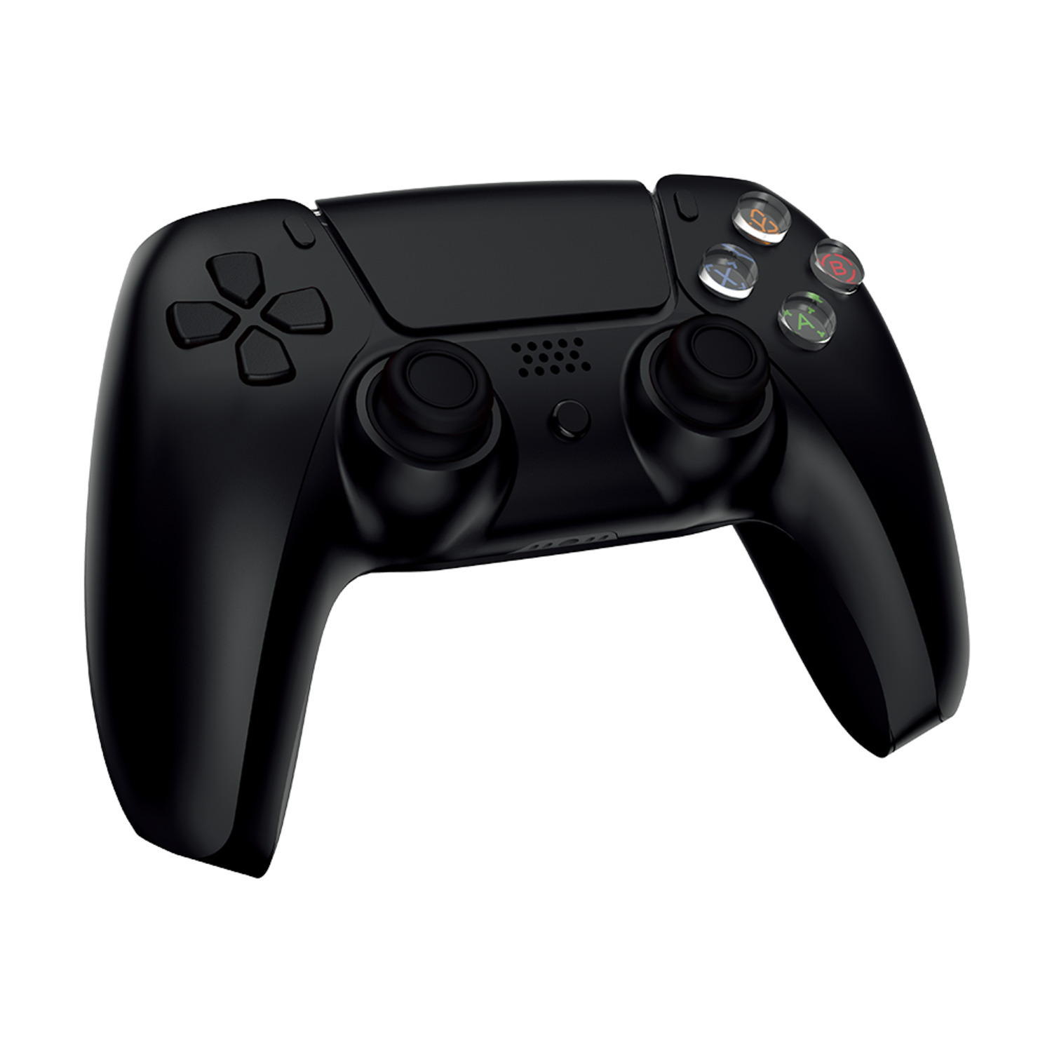 Een zwarte PlayStation 5-controller, van bovenaf gezien tegen een witte achtergrond.