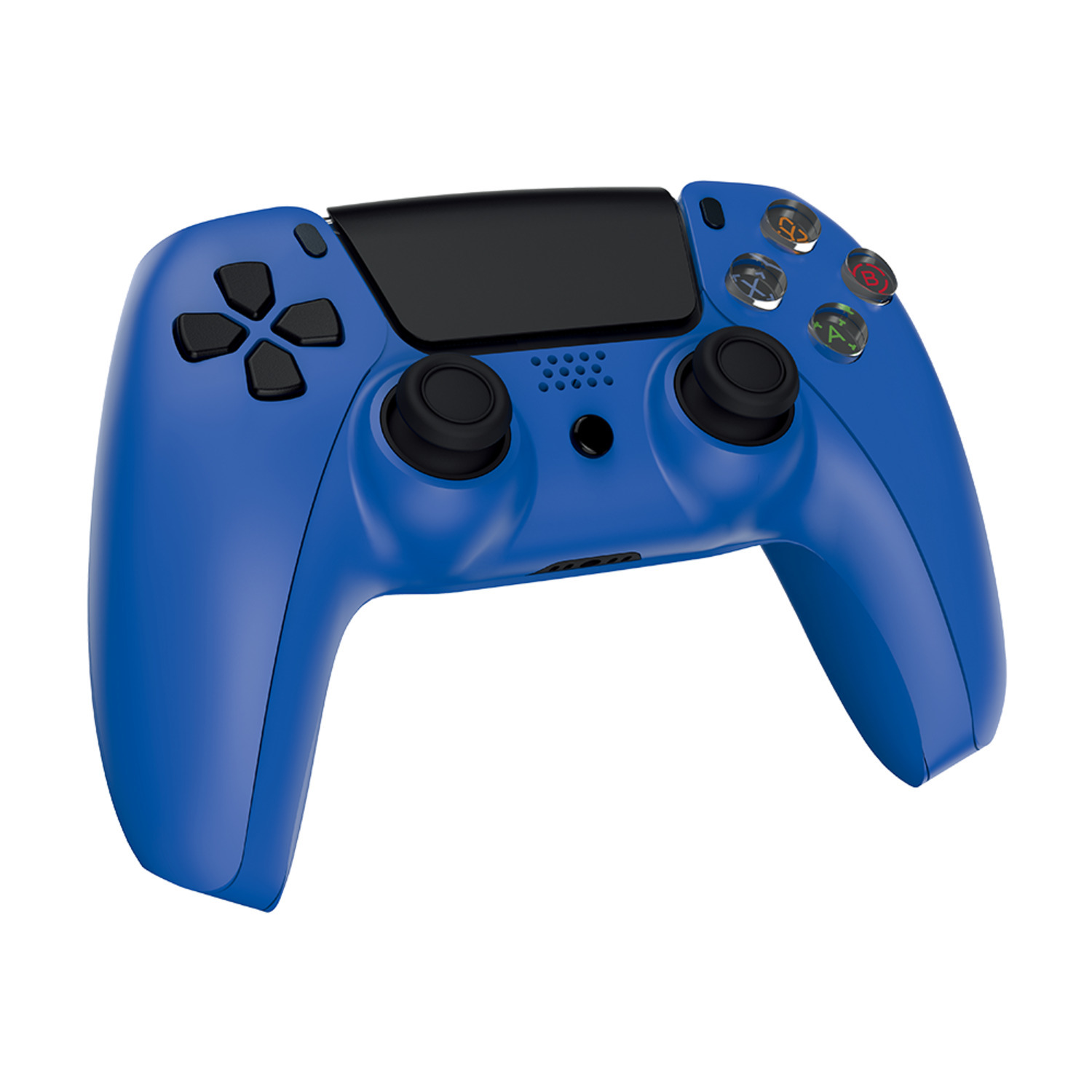Blue gaming controller. Features various buttons and joysticks. White background.
