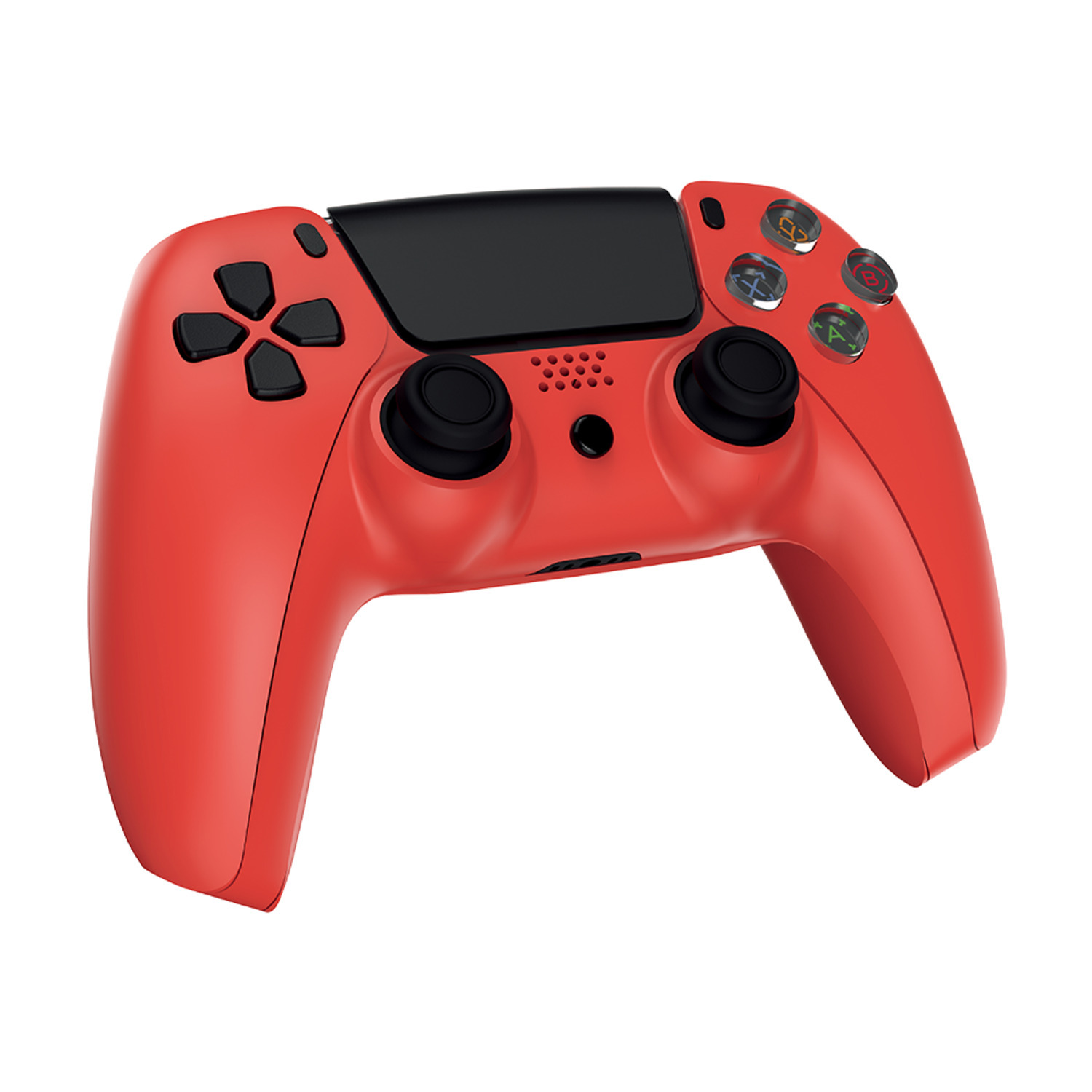 Red game controller with black buttons and a black top.