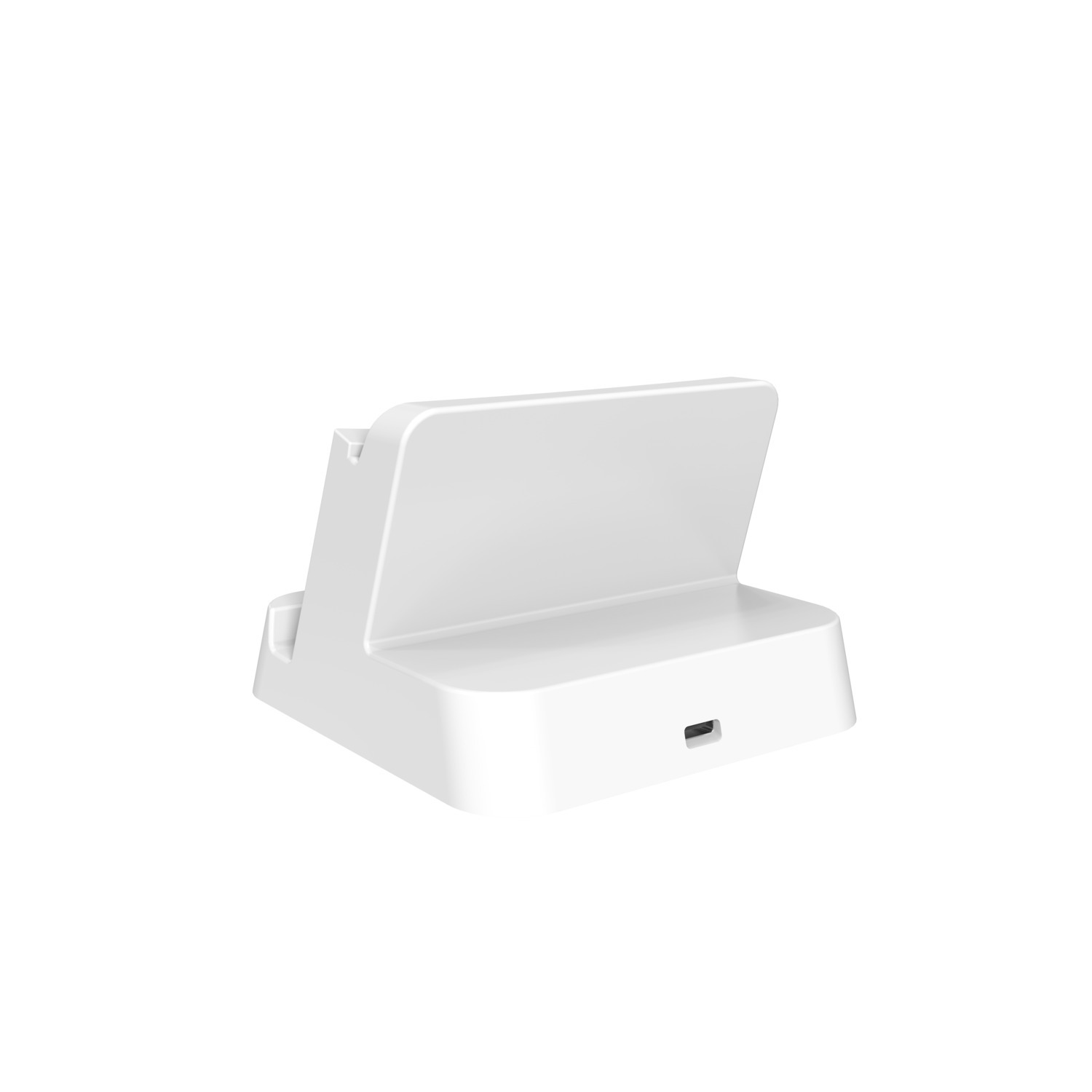 A white charging stand with a USB port.
