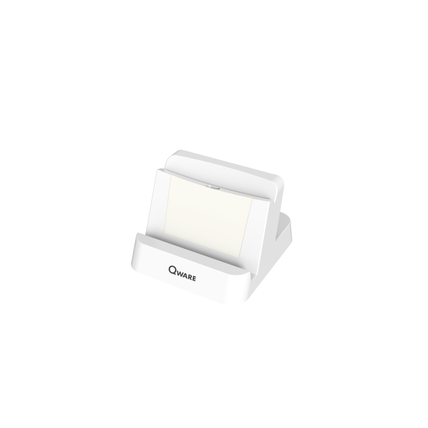 A white tablet charging stand with a light colored screen and a white background.